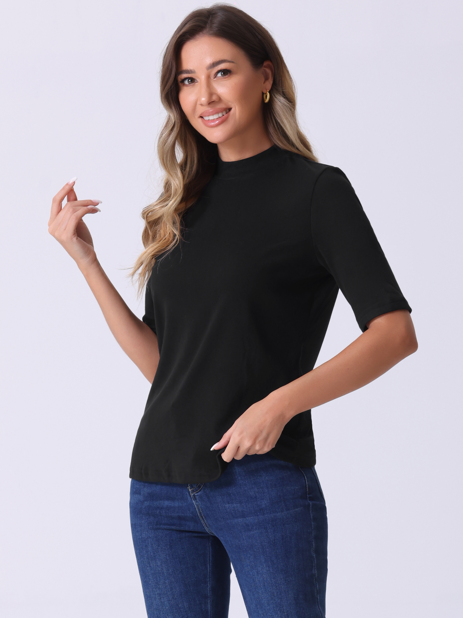 Mock Neck Solid Color Short Sleeves Casual T-shirts Black/XS