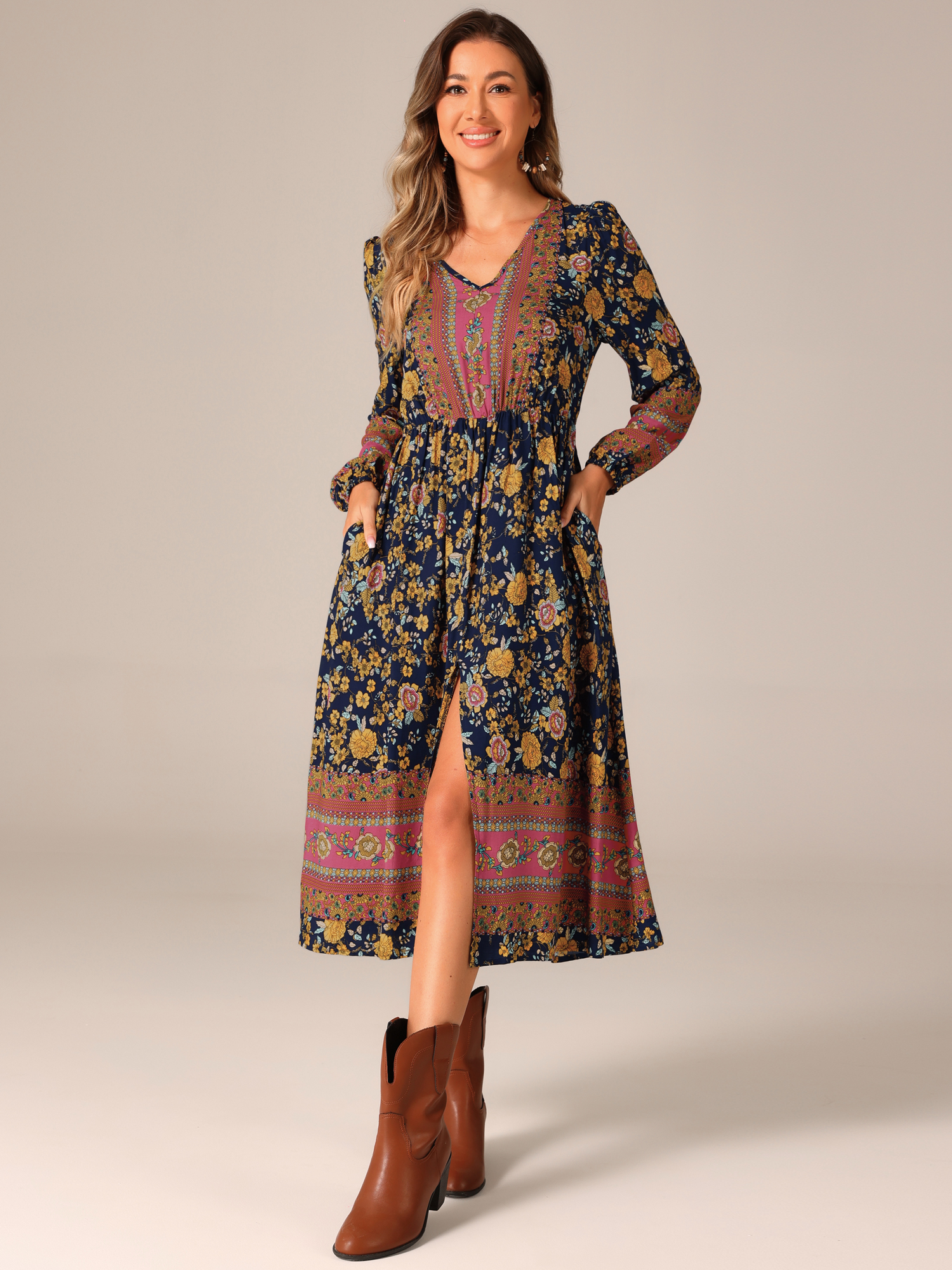 Boho Floral Long Sleeves Pocketed Slit A-Line Midi Dress Blue/XL