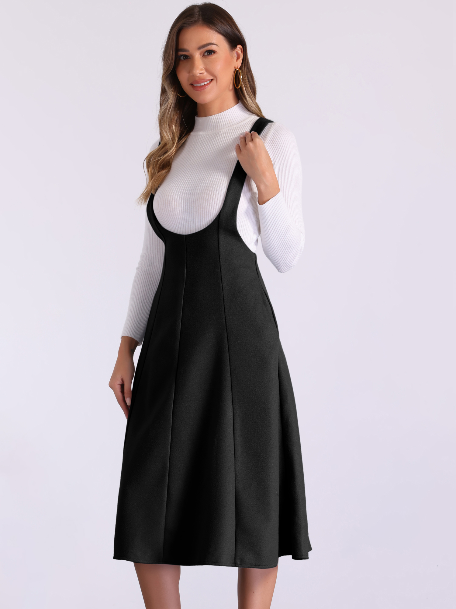 High Waist Cross Back Pocketed A-Line Midi Suspender Skirt Black/L