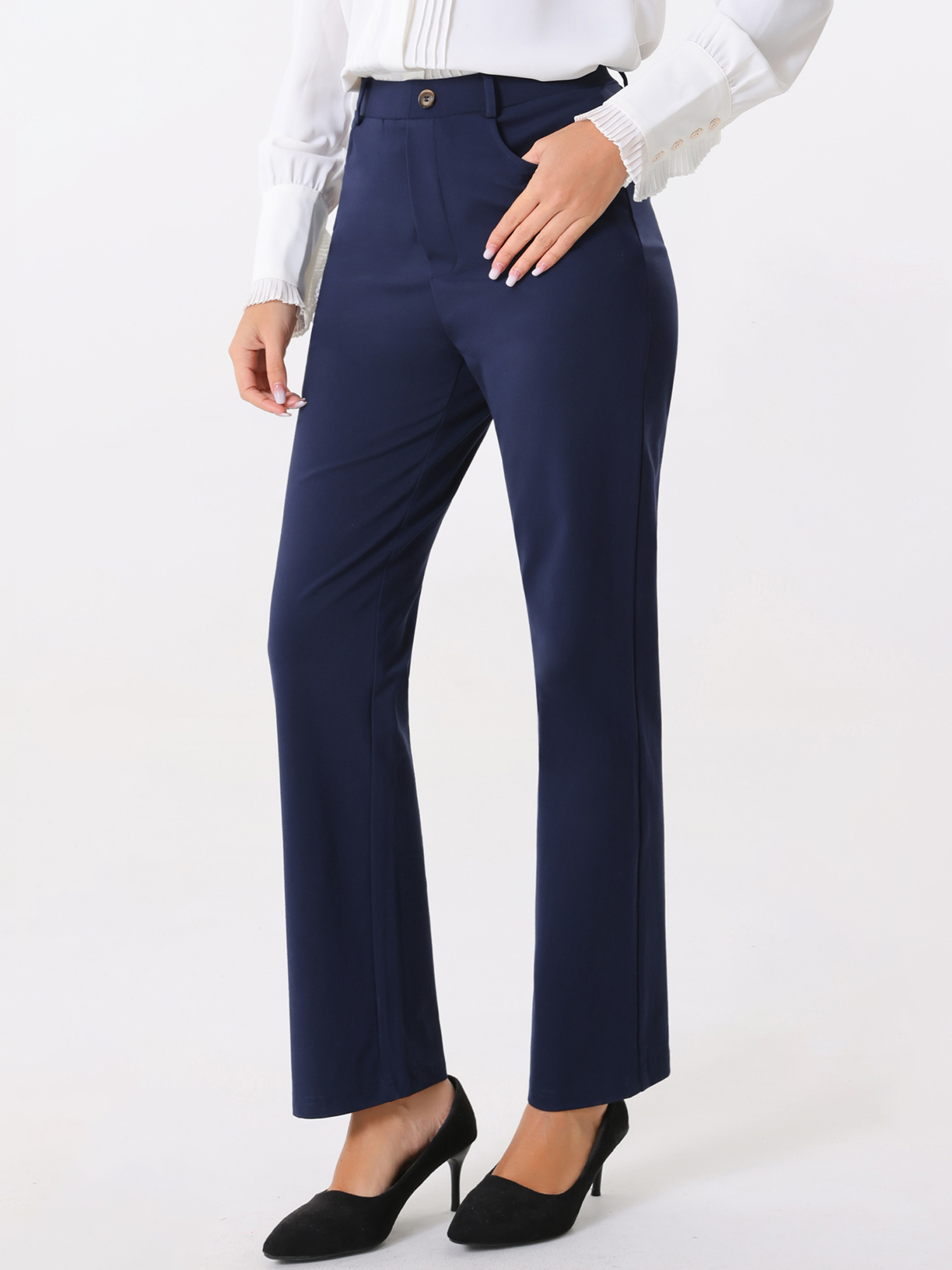 High Stretch Pants Straight Leg Work Office Casual Trousers Drak Blue/L