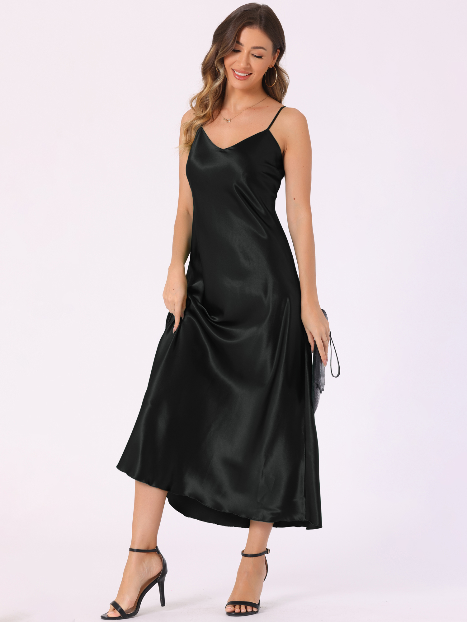 Satin Sleeveless Spaghetti Strap Maxi Dress Black/2XL