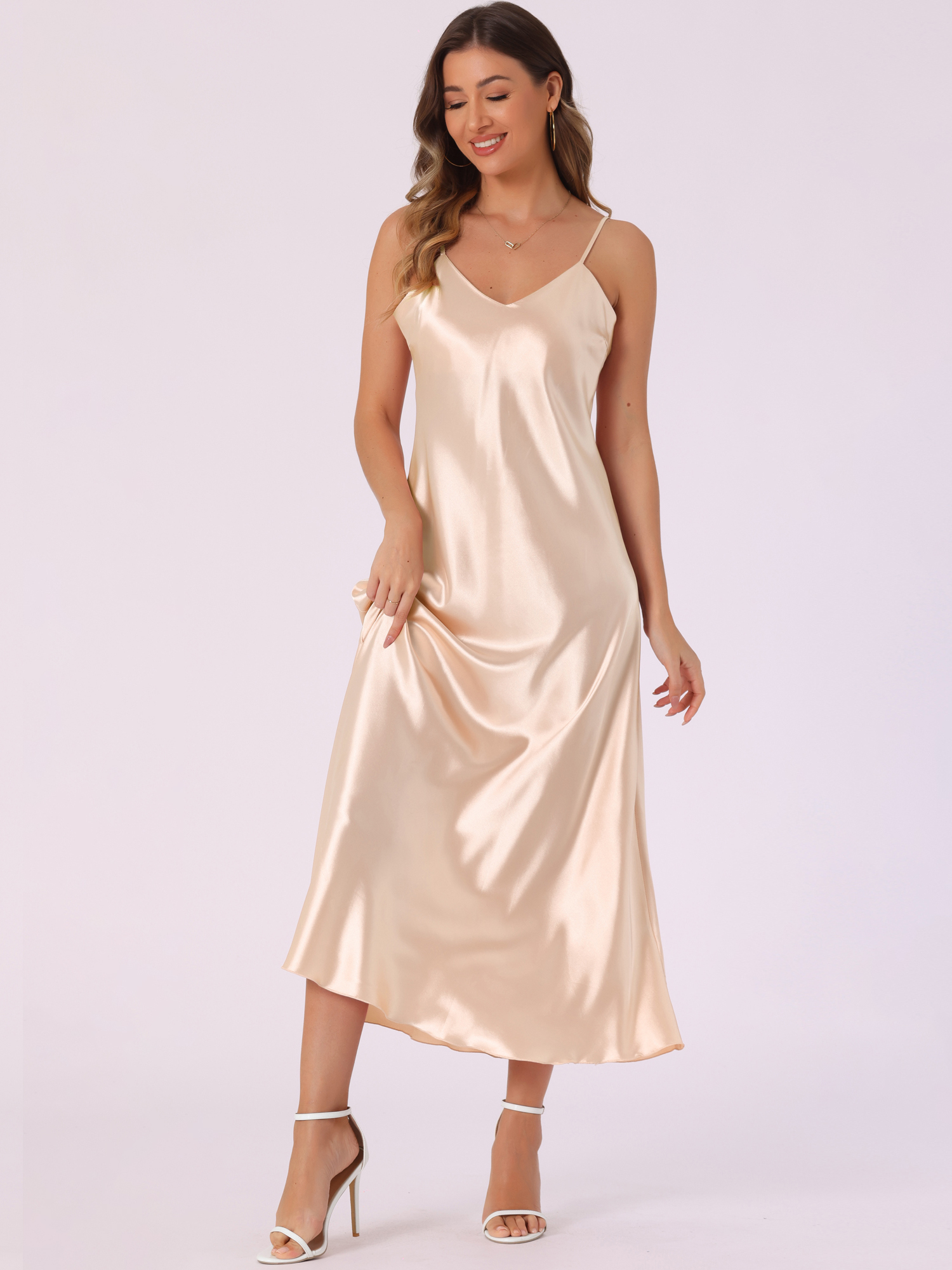 Satin Sleeveless Spaghetti Strap Maxi Dress Champagne/M