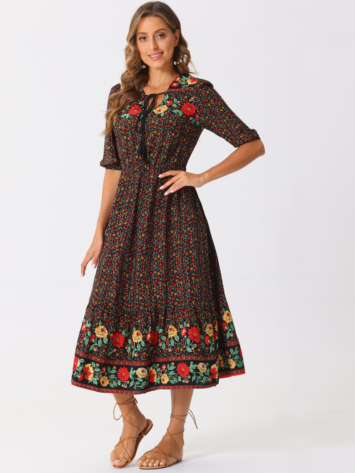 Drawstring Pockets Short Sleeve Floral Boho Midi Dress Black/XL