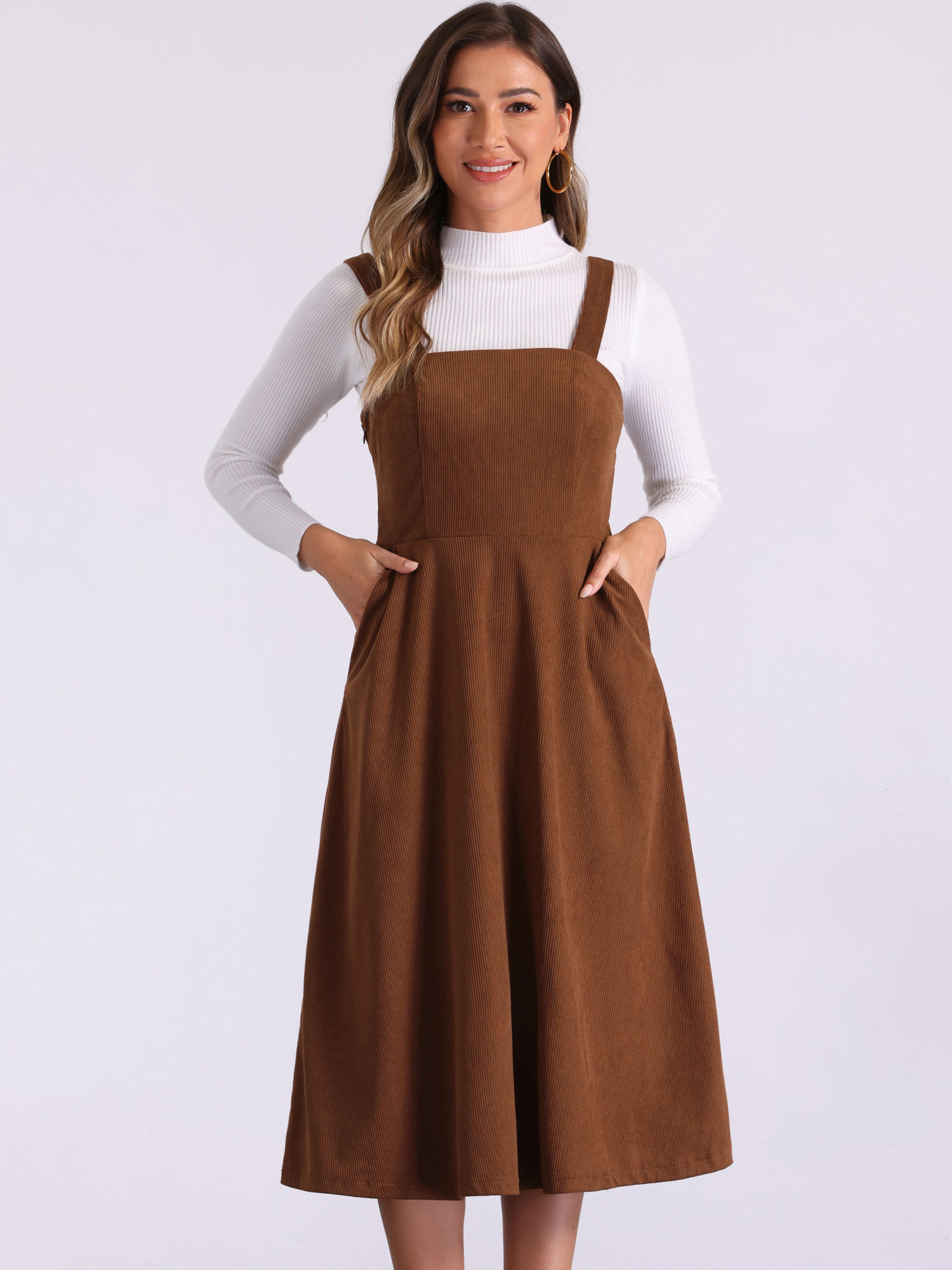 Corduroy Pockets A-Line Sleeveless Casual Midi Pinafore Dress Brown/L