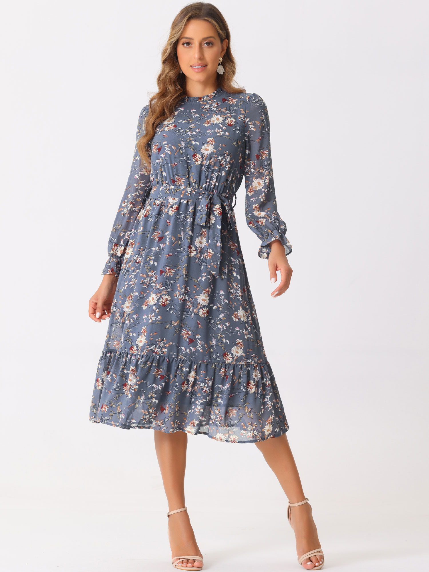 Floral Long Sleeve Belted Flowy Chiffon Midi Dress Grey Blue/M