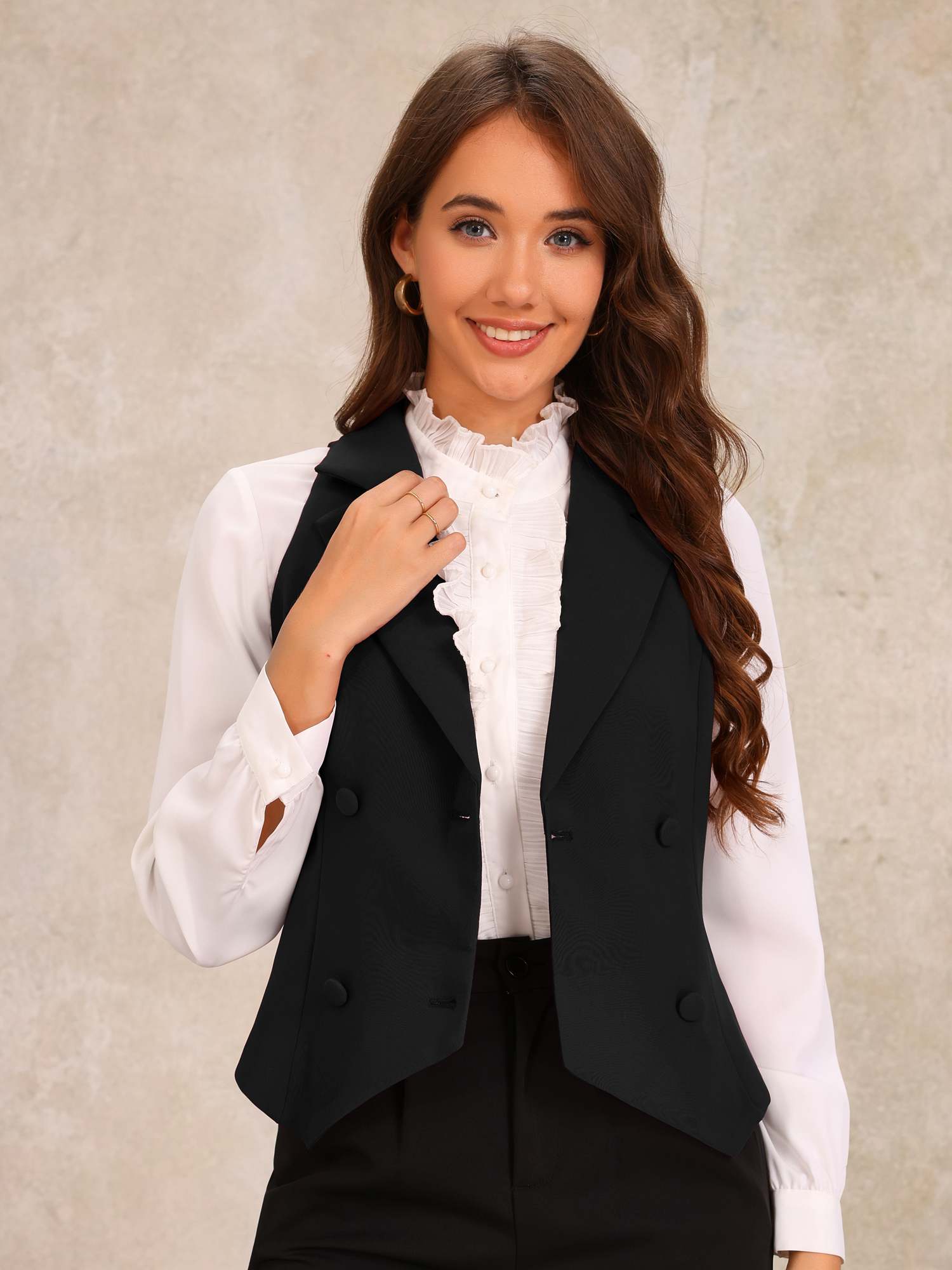 Notched Lapel Sleeveless Work Waistcoat Vest Black/L