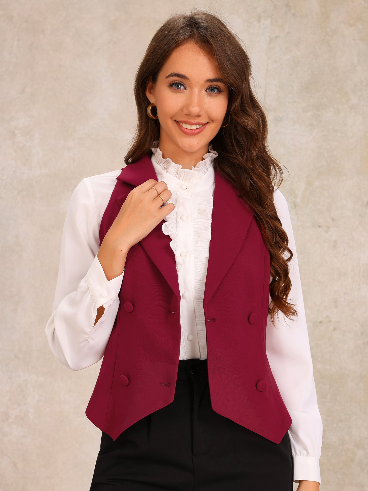 Notched Lapel Sleeveless Work Waistcoat Vest Burgundy/XS