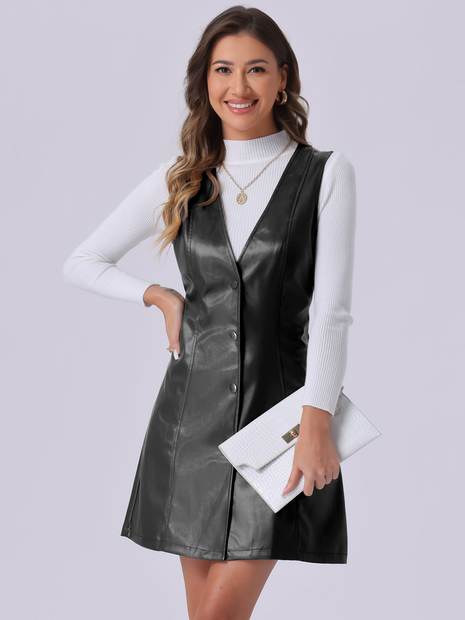 Faux Leather Button Down V Neck Sleeveless Mini Overall Pinafore Dress Black/XS