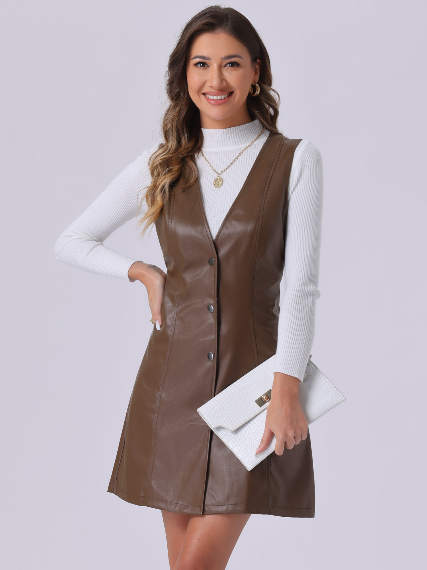 Faux Leather Button Down V Neck Sleeveless Mini Overall Pinafore Dress Brown/L