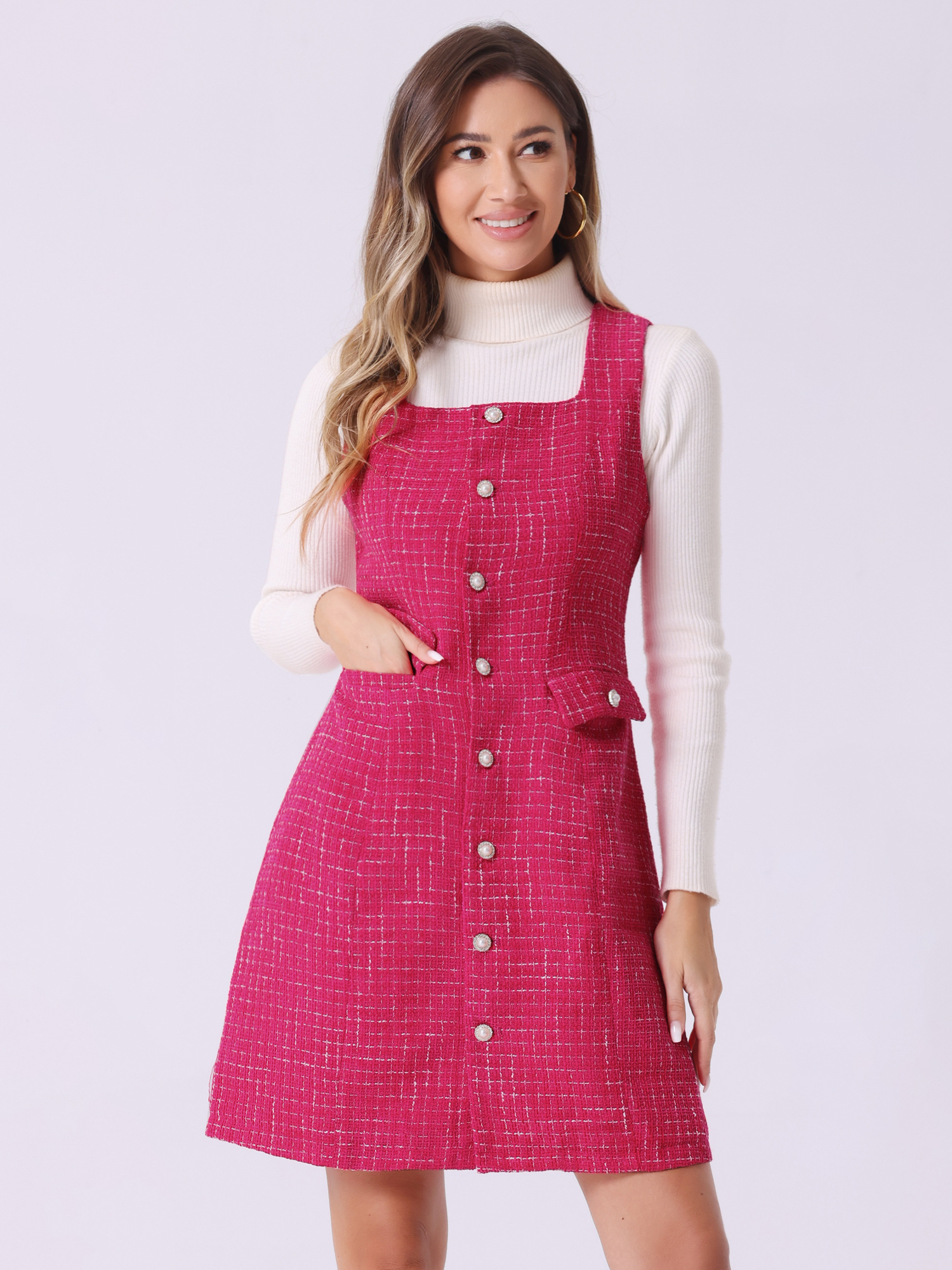 Tweed Sleeveless Button Up Pockets A-Line Pinafore Overall Dress Hot Pink/XS