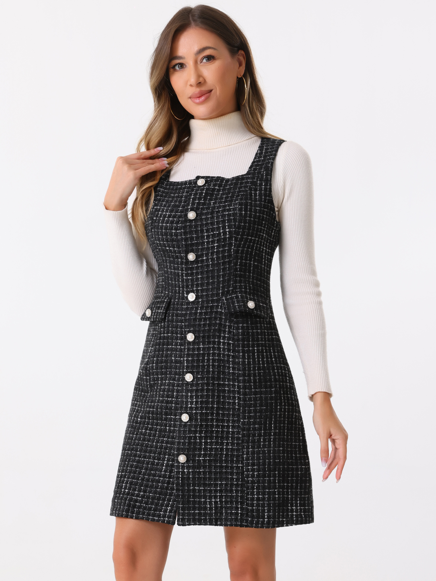 Tweed Sleeveless Button Up Pockets A-Line Pinafore Overall Dress Black/M