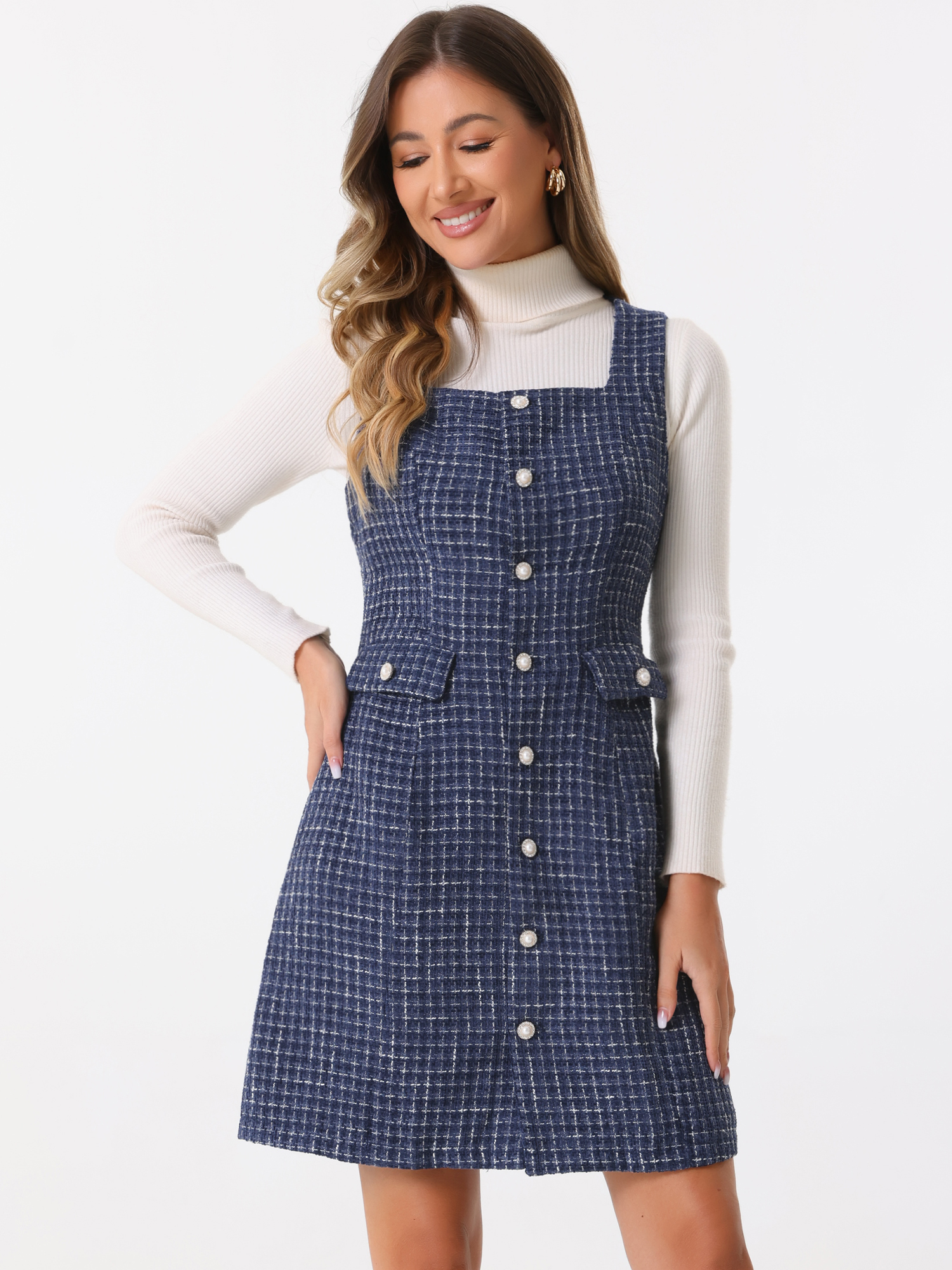 Tweed Sleeveless Button Up Pockets A-Line Pinafore Overall Dress Navy Blue/XS