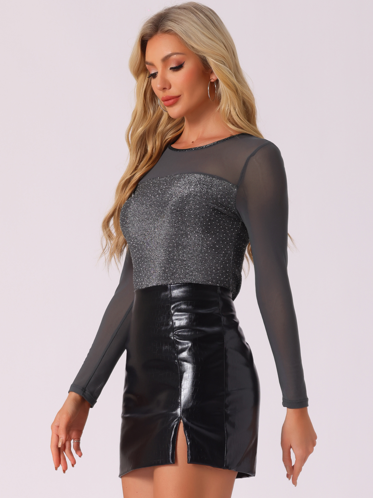 Shiny Mesh Glitter Round Neck Long Sleeve Sparky Blouse Gray Silver/S