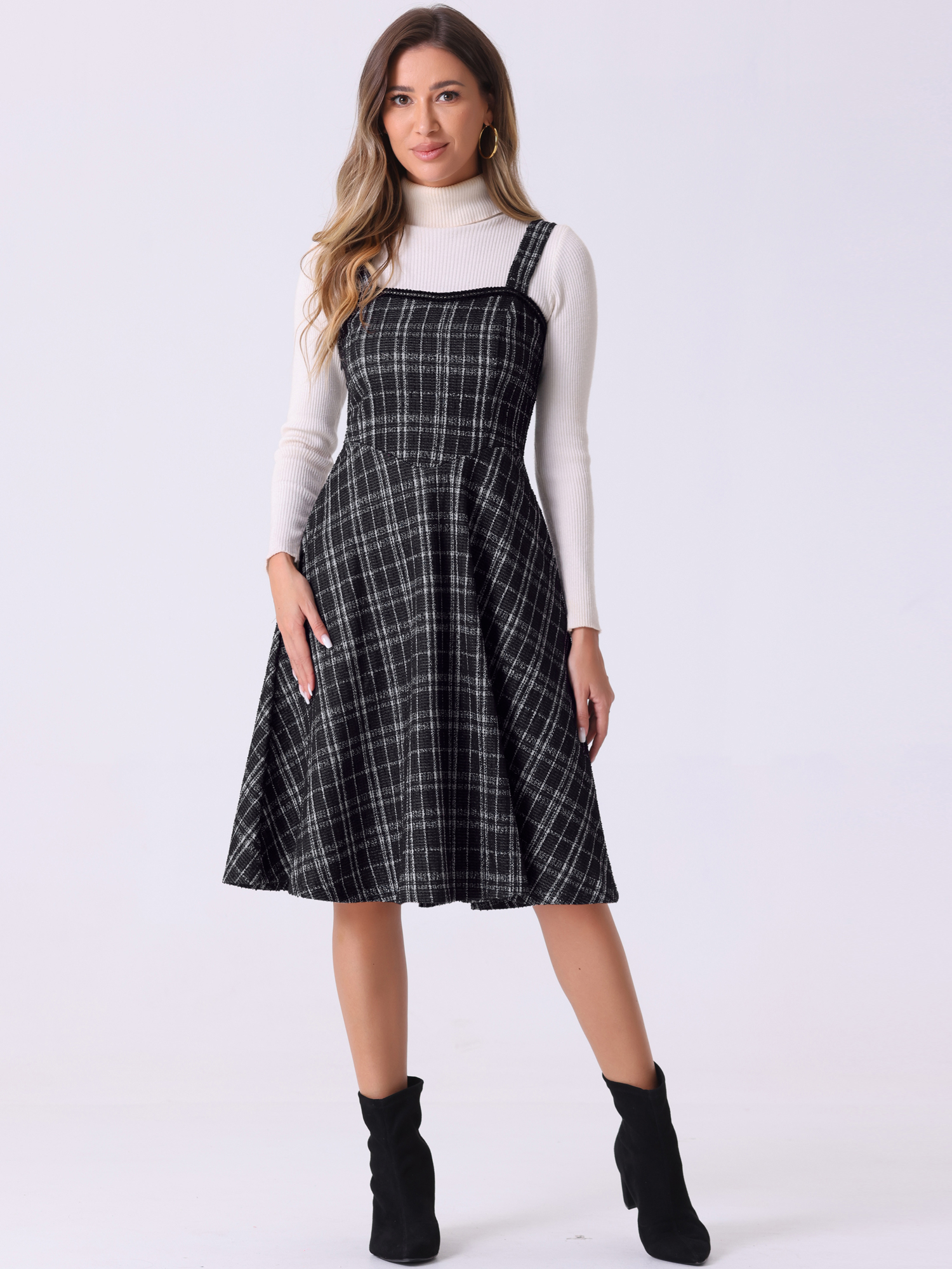 Tweed Plaid Sleeveless Pockets A-Line Pinafore Overall Dress Black/S