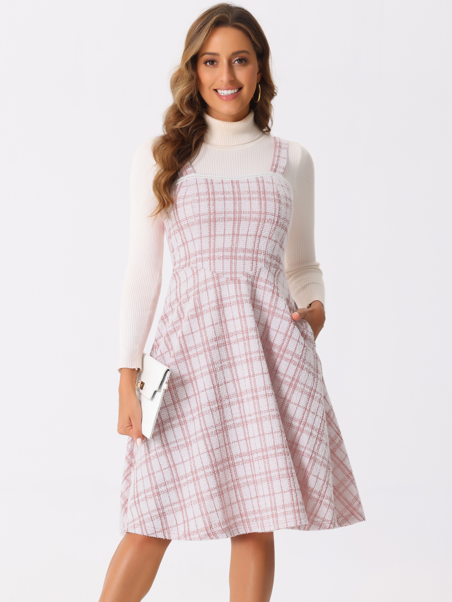 Tweed Plaid Sleeveless Pockets A-Line Pinafore Overall Dress Pink/XS