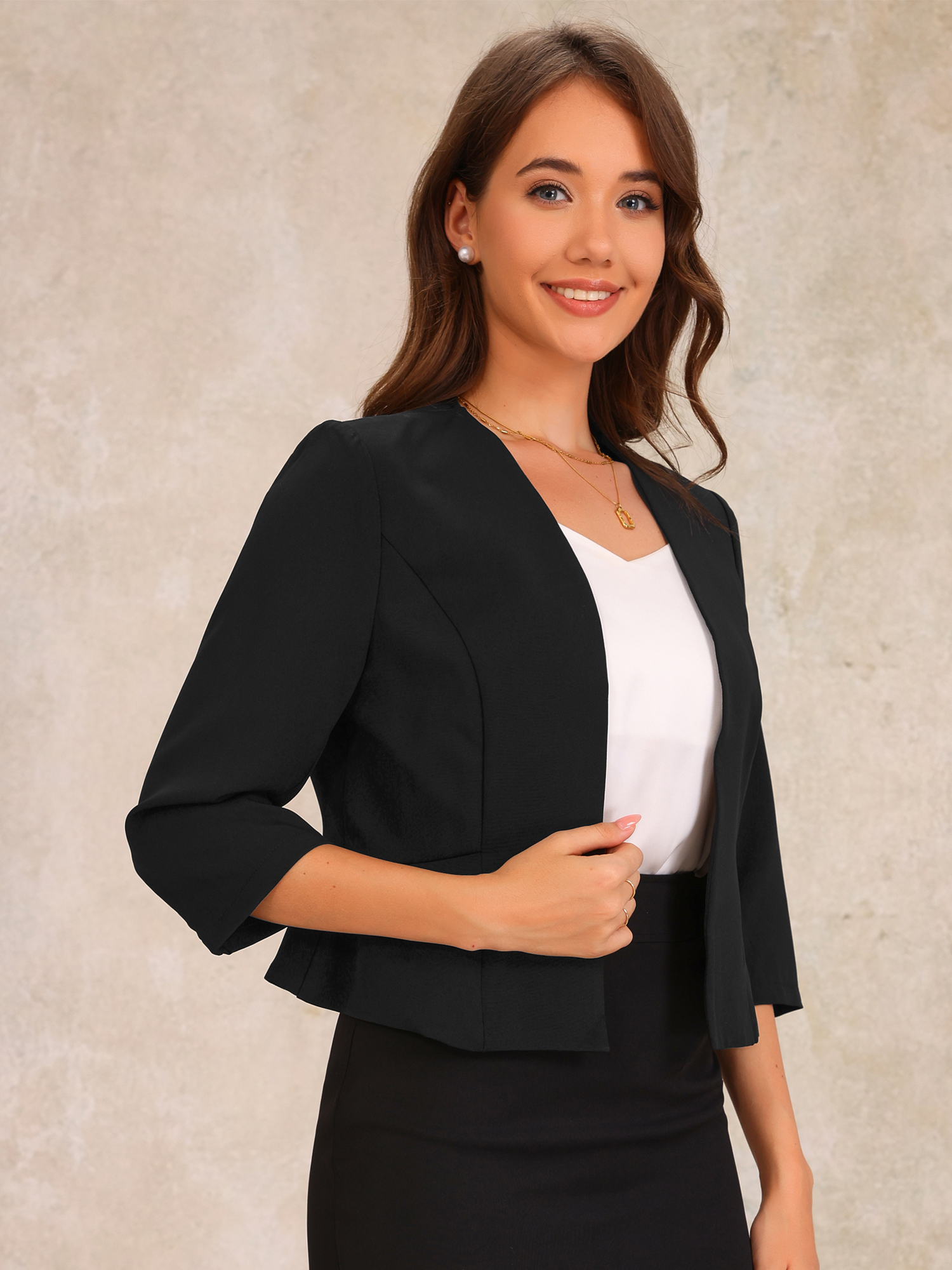 Open Front Collarless 3/4 Sleeve Peplum Cropped Jacket Black/XL