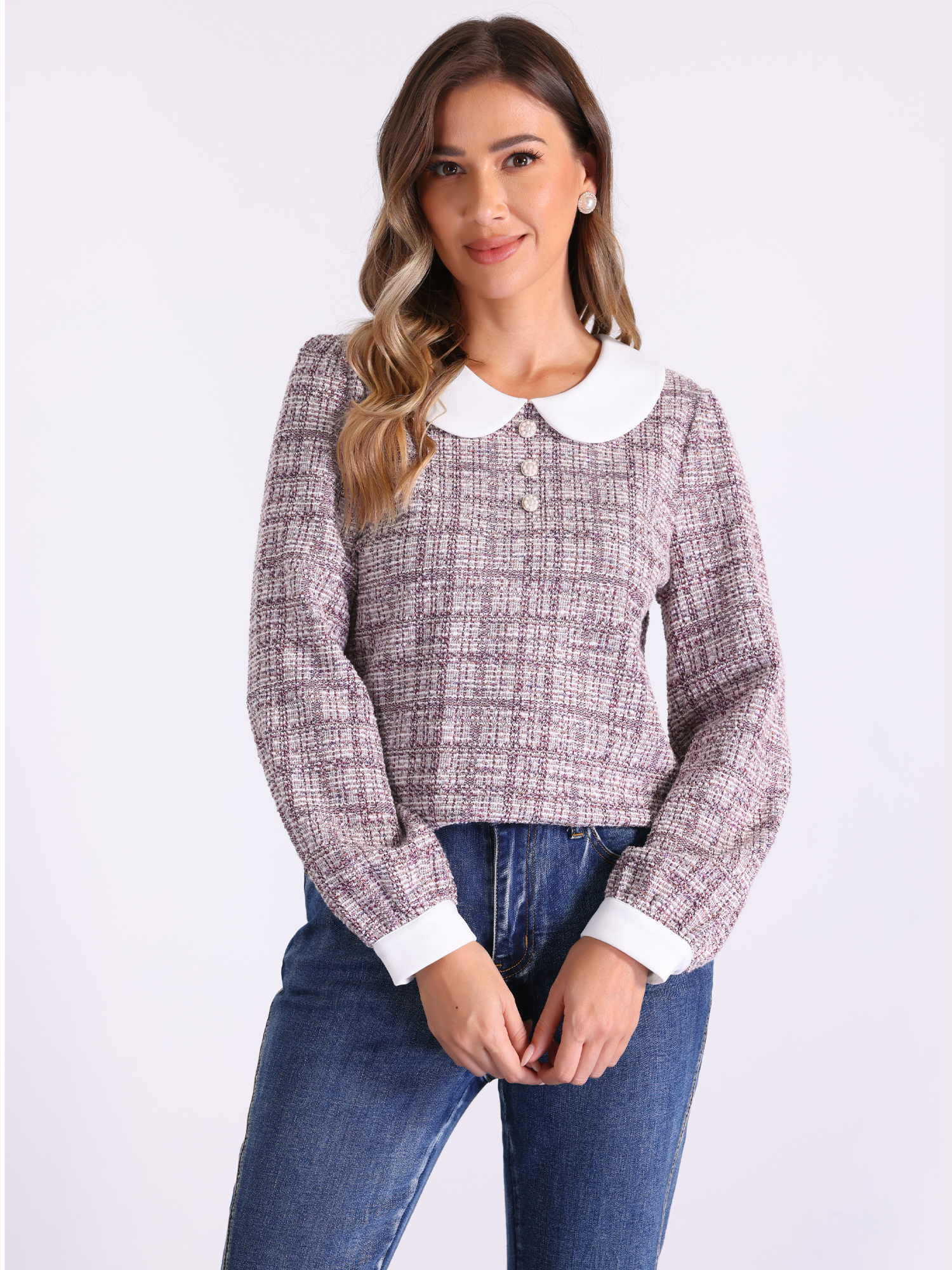 Tweed Button Decor Peter Pan Collar Long Sleeve Blouse Pink/M