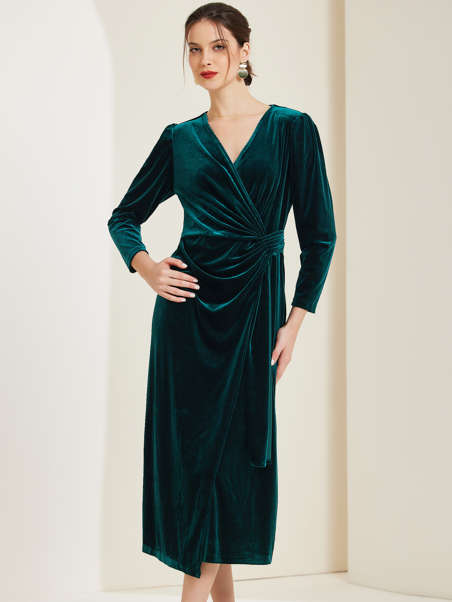 Velvet Long Sleeves Solid Ruched Midi Cocktail Dress Dark Green/M