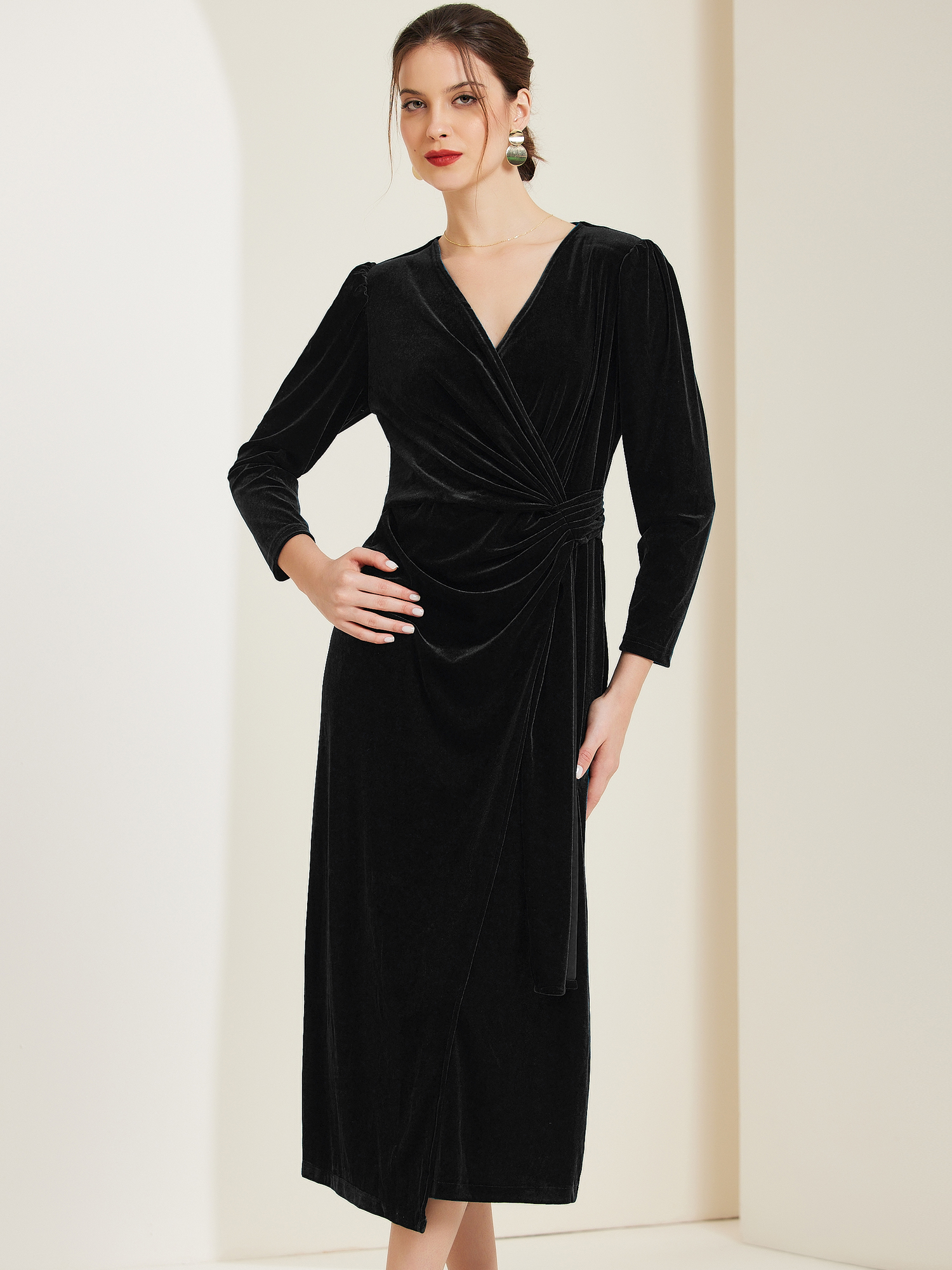 Velvet Long Sleeves Solid Ruched Midi Cocktail Dress Black/S