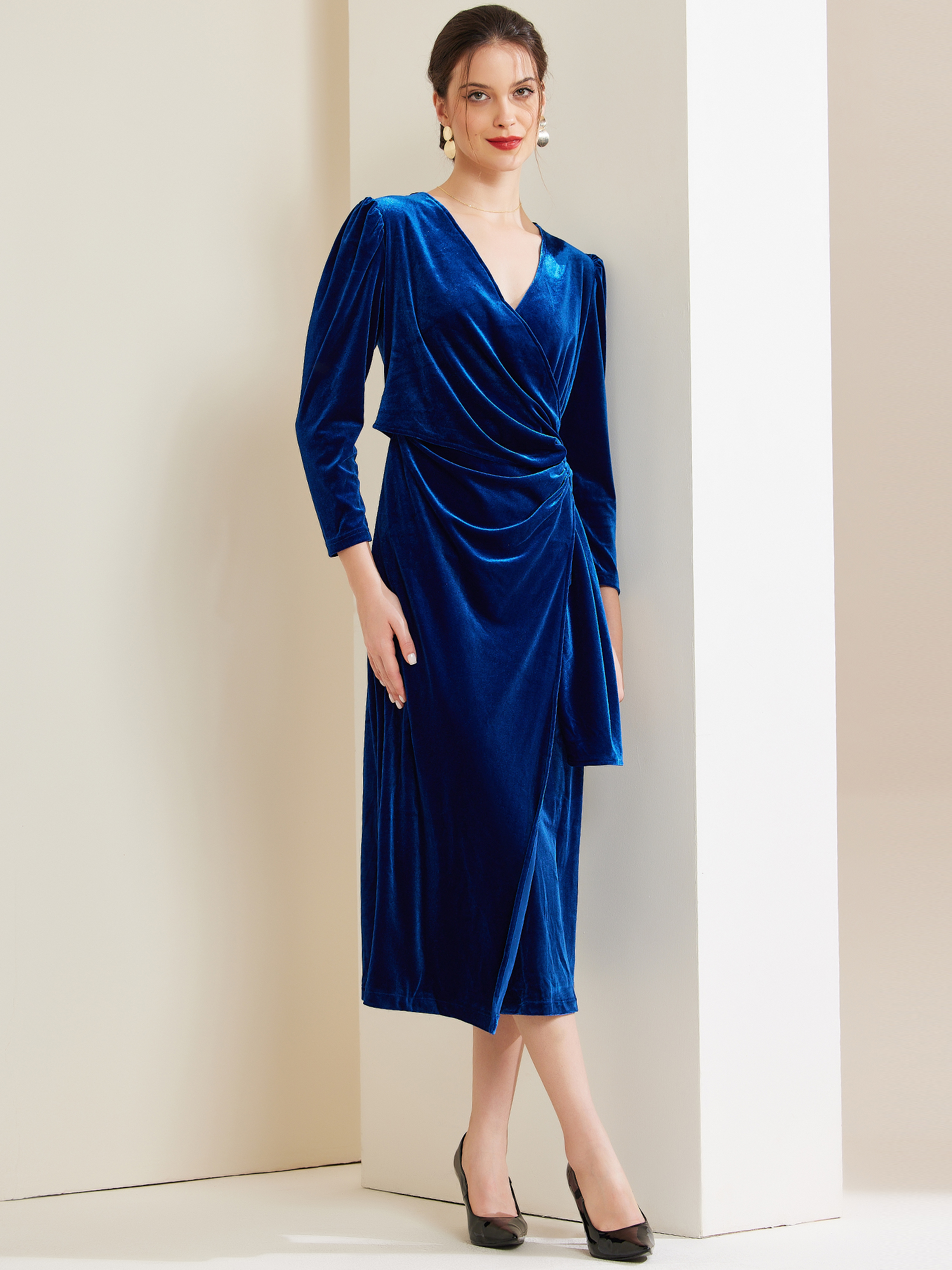 Velvet Long Sleeves Solid Ruched Midi Cocktail Dress Blue/M