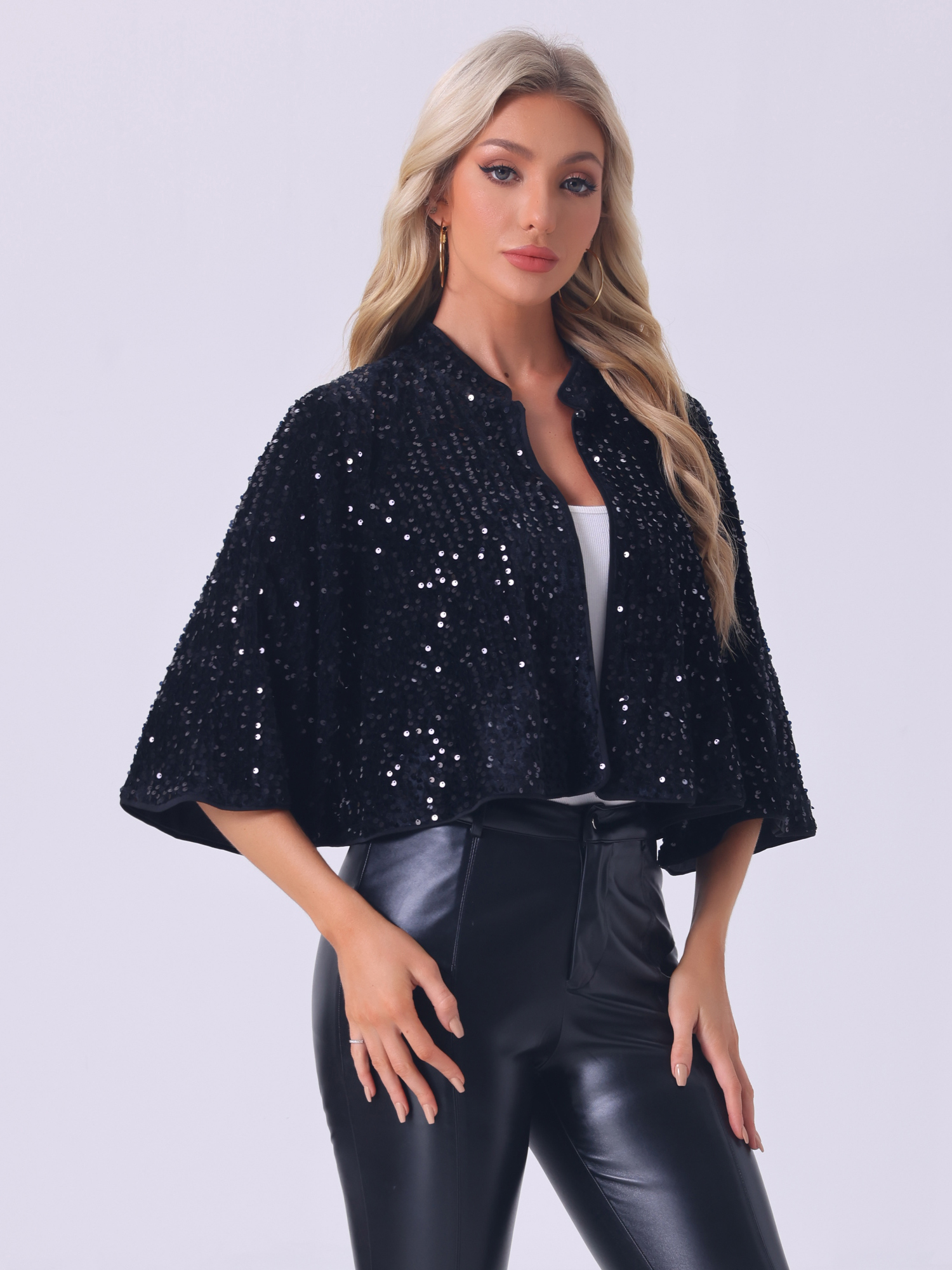 Sequin Glitter Velevet Evening Cropped Bolero Jacket Black/XS