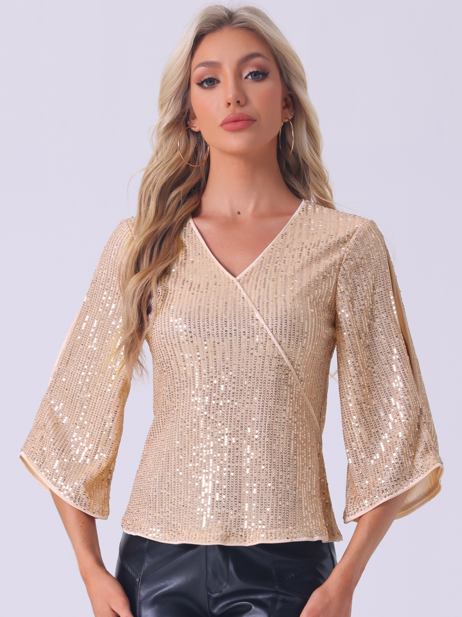 Sequin Cut-Out 3/4 Sleeve V Neck Sparkly Blouse Gold/L