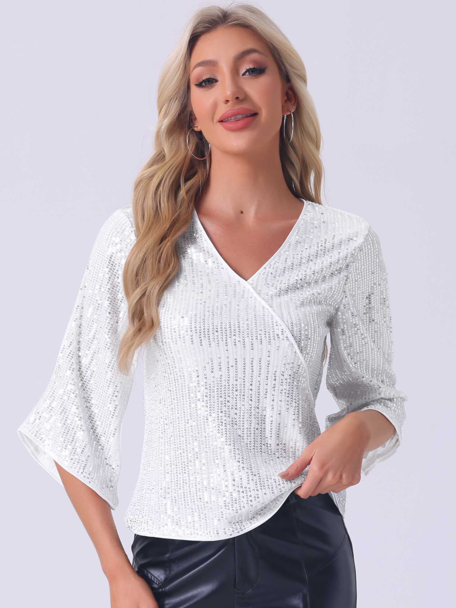 Sequin Cut-Out 3/4 Sleeve V Neck Sparkly Blouse Silver/XS