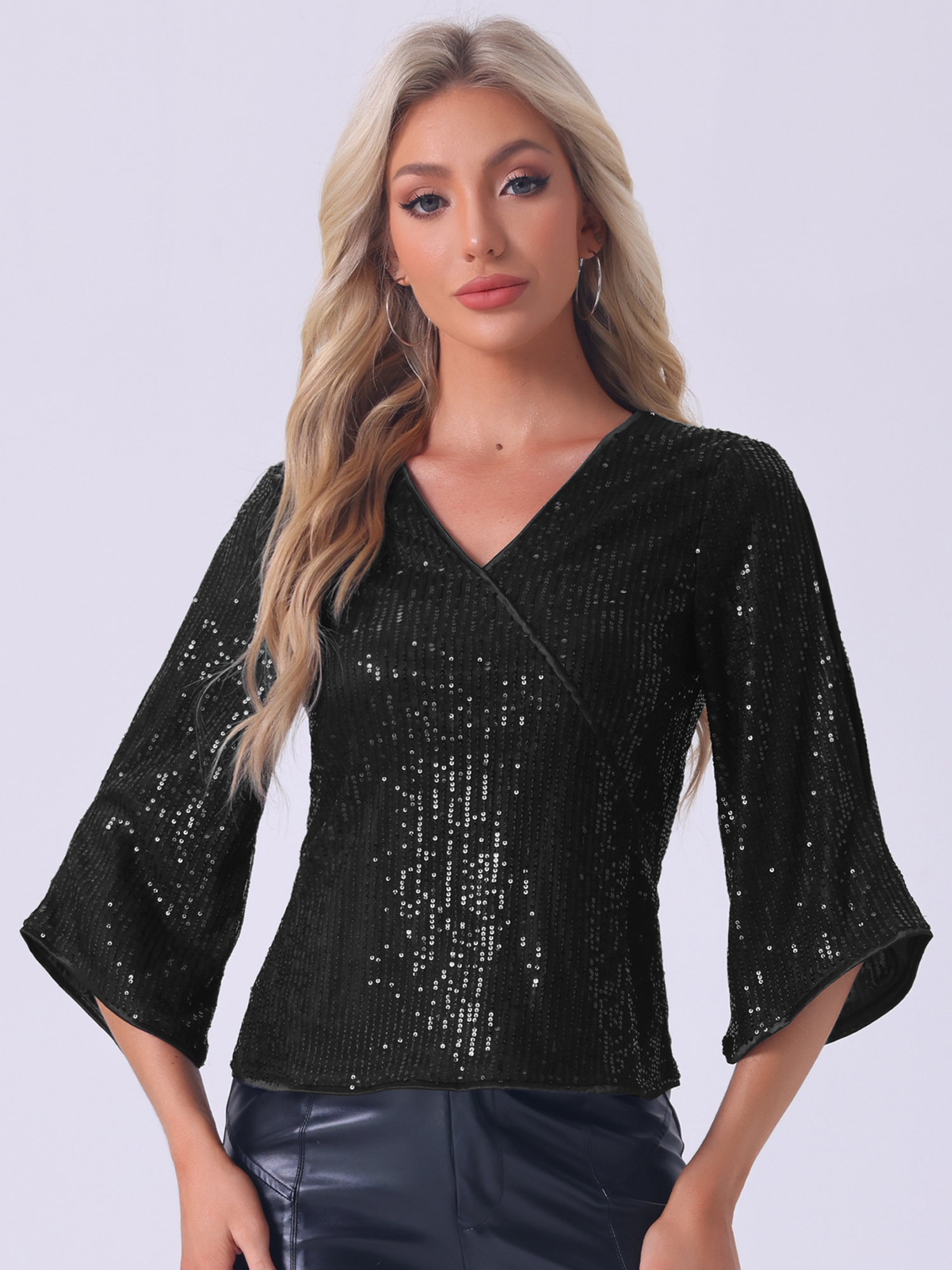 Sequin Cut-Out 3/4 Sleeve V Neck Sparkly Blouse Black/M