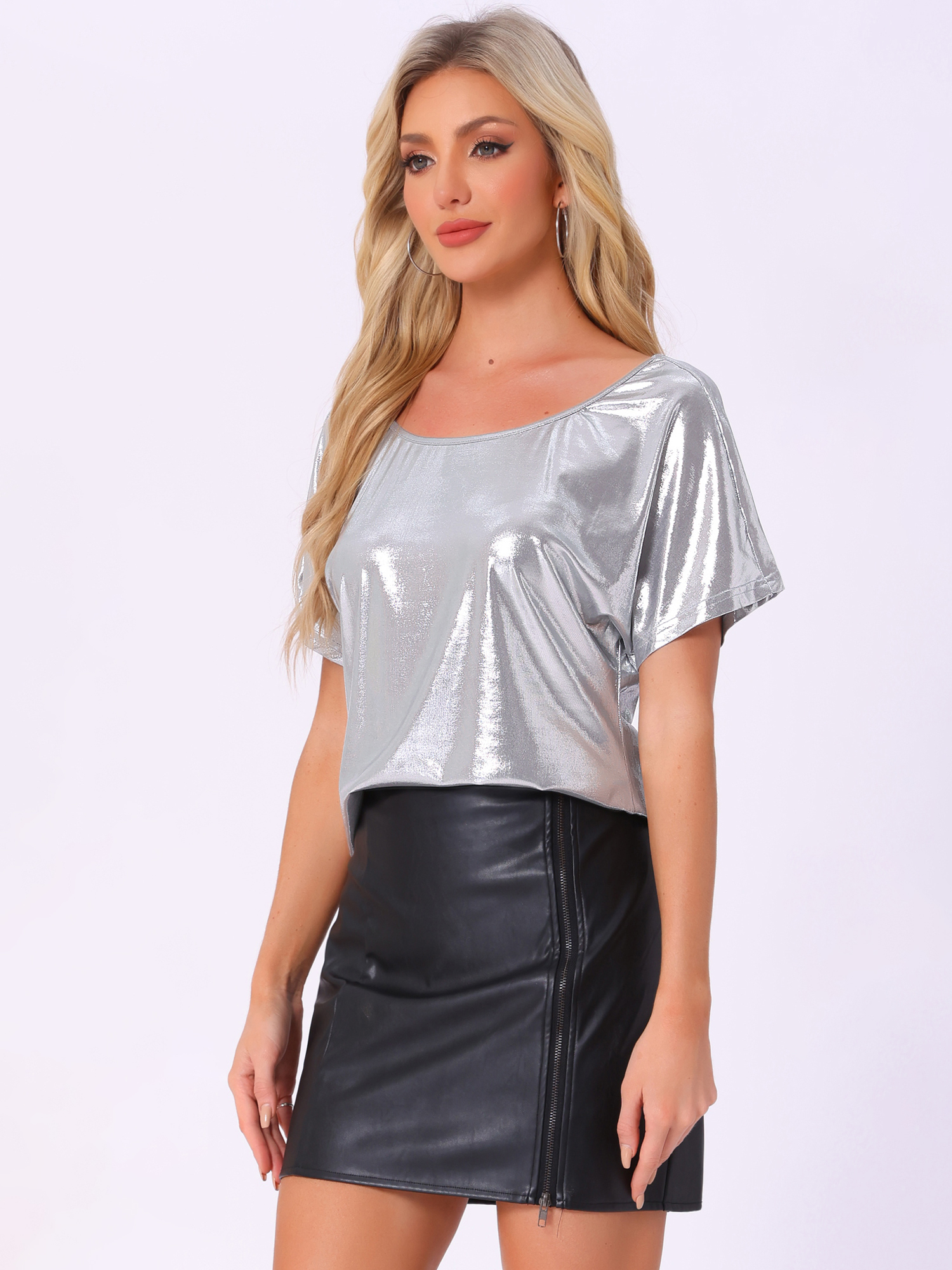 Metallic Off Shoulder Short Sleeve Loose Party Sparkly Blouse Silver/L