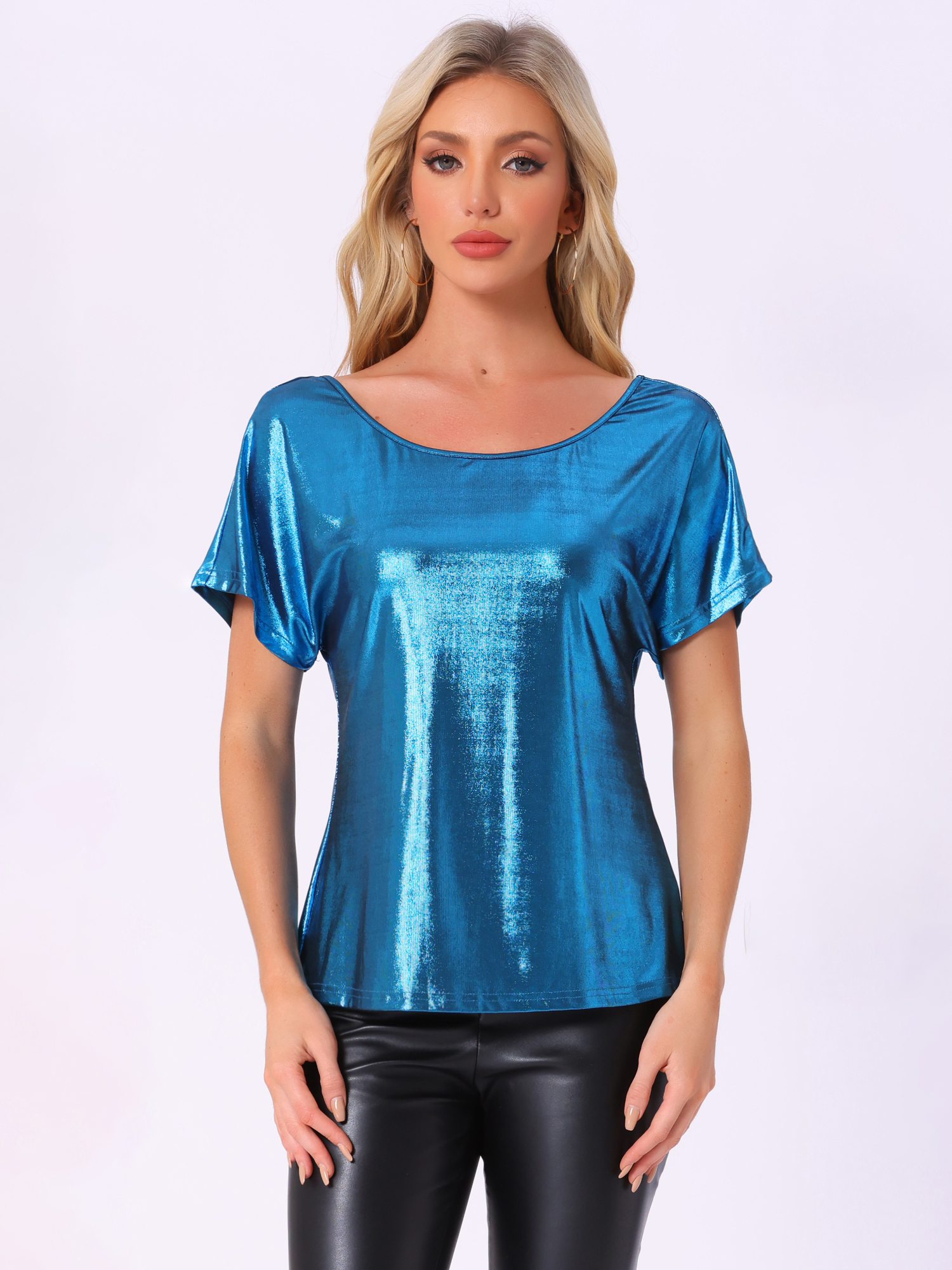 Metallic Off Shoulder Short Sleeve Loose Party Sparkly Blouse Blue/XL
