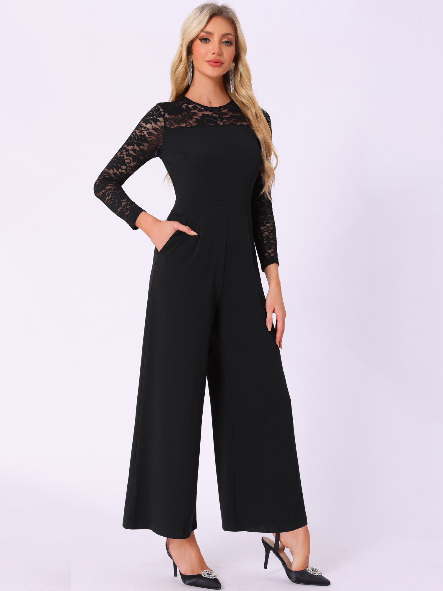 Crew Neck Mesh Lace Sleeve Wide Leg Jumpsuit Black/XS
