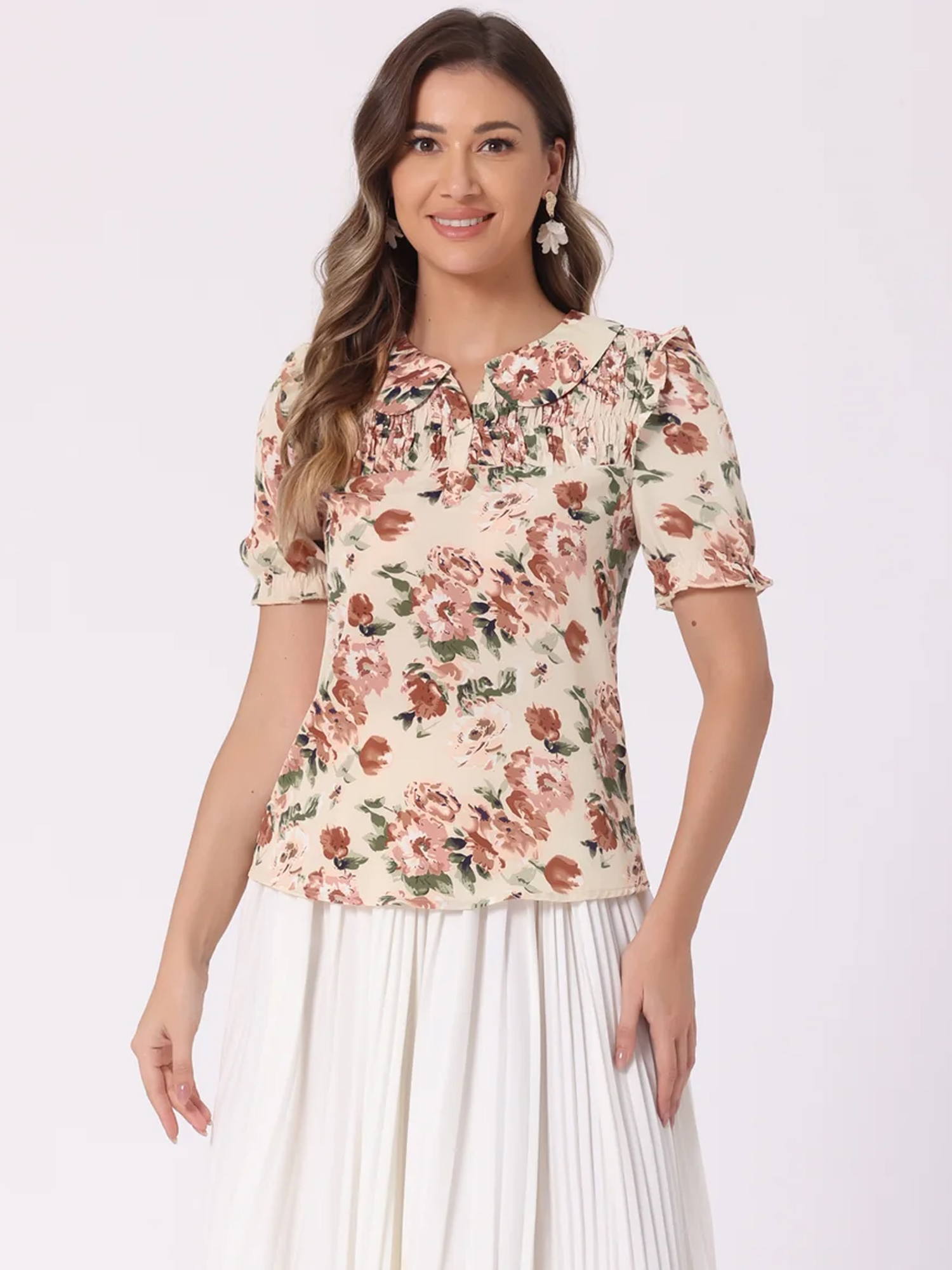 Peter Pan Collar Puff Short Sleeve Ruffle Smocked Floral Blouse Beige/L