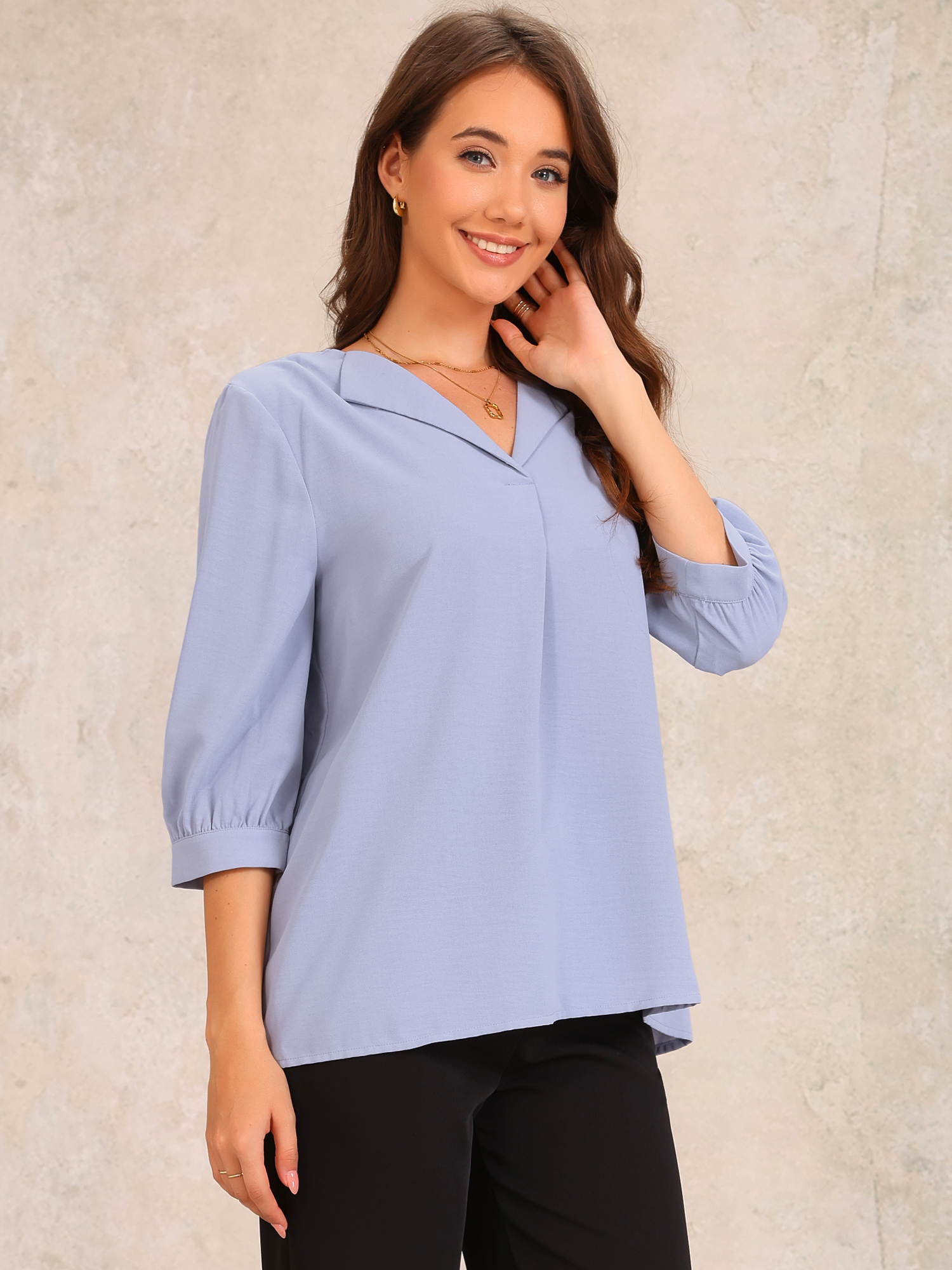 Collar 3/4 Sleeve Solid Color Casual Blouses Top Grey Blue/M