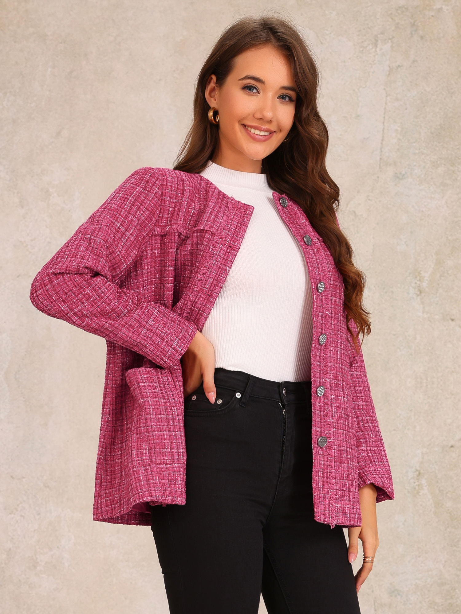 Tweed Plaid Collarless Button Down Pocketed Jacket Pink/L