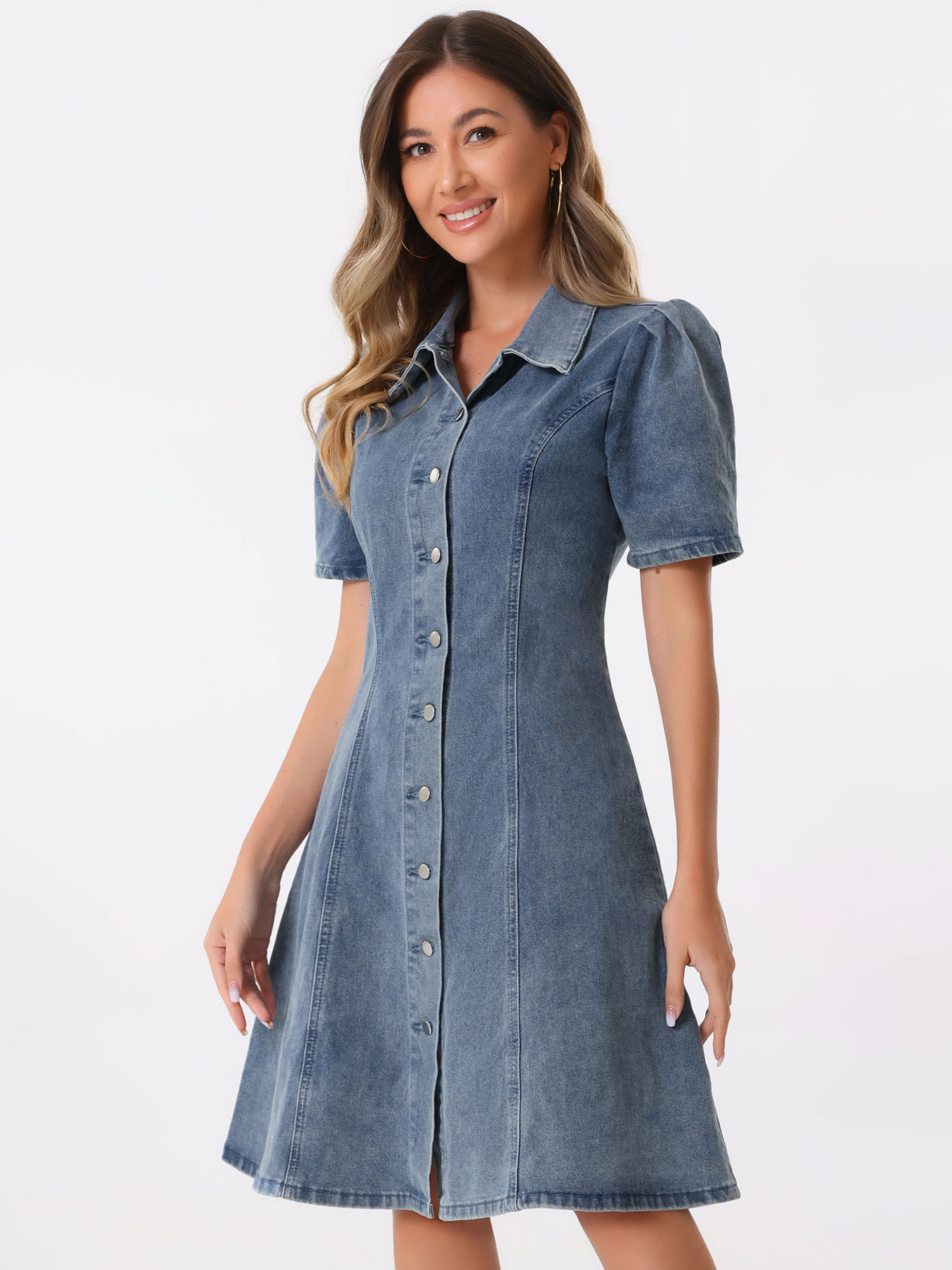 Denim Puff Sleeve Buttton Down Collared A-Line Jean Dress Grey Blue/XS
