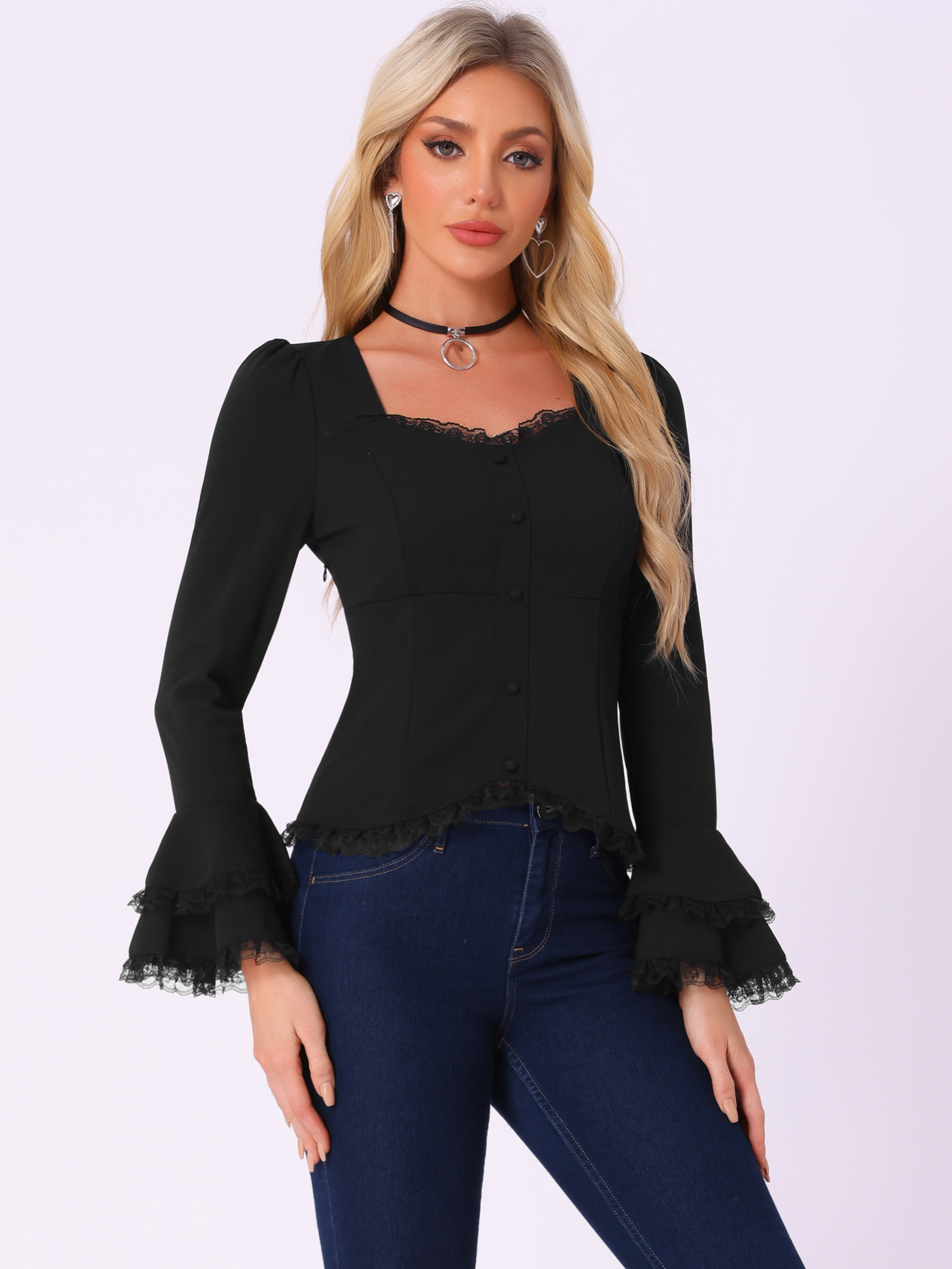 Vintage Flare Bell Sleeve Lace Button Decor Blouse Black/M