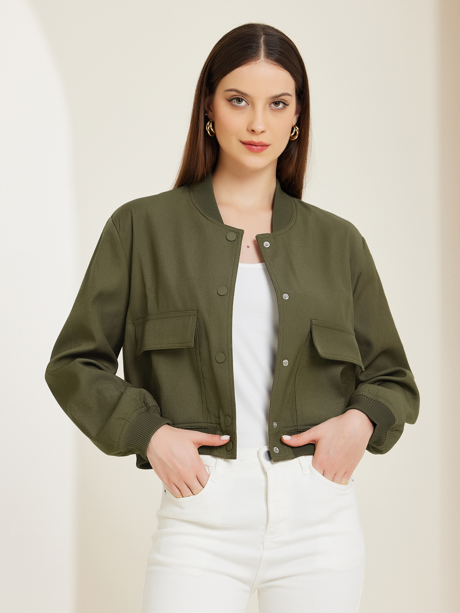 Button Down Stand Collar Long Sleeve Cropped Bomber Jacket Army Green/L