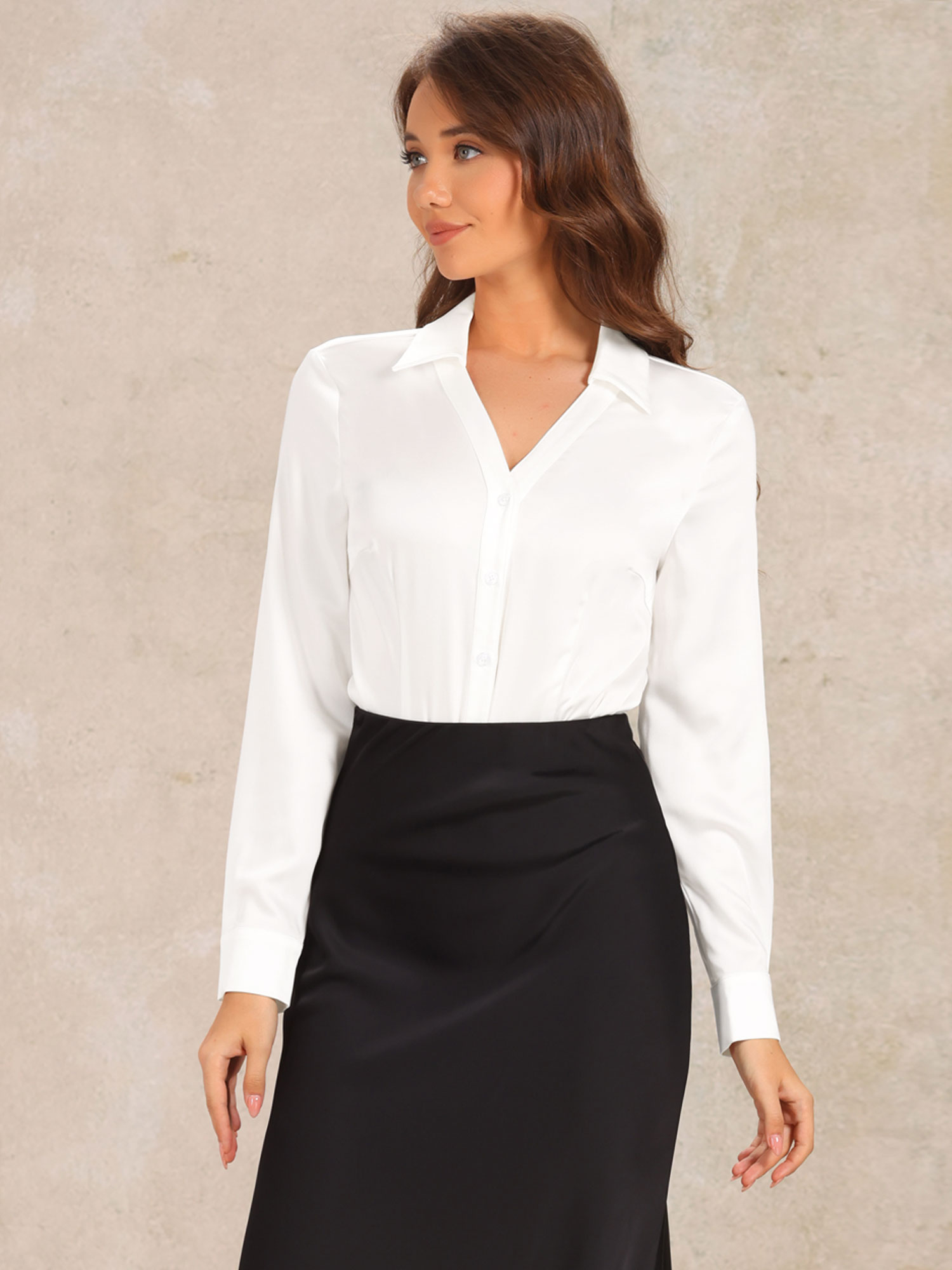 Button Down Collared Long Sleeve Satin Work Bodysuit White/XS