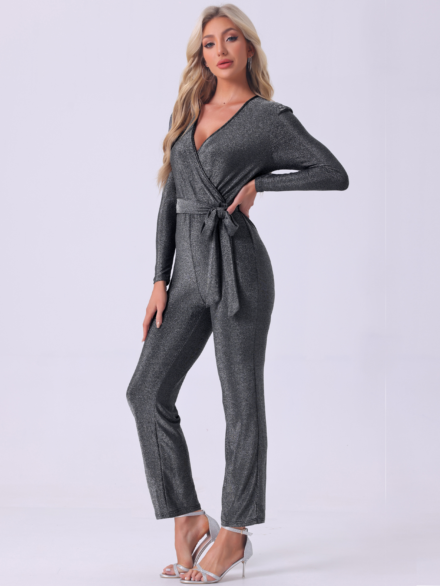 Glitter V Neck Long Sleeves Belted Tie Waist Jumpsuits Black Silver/L