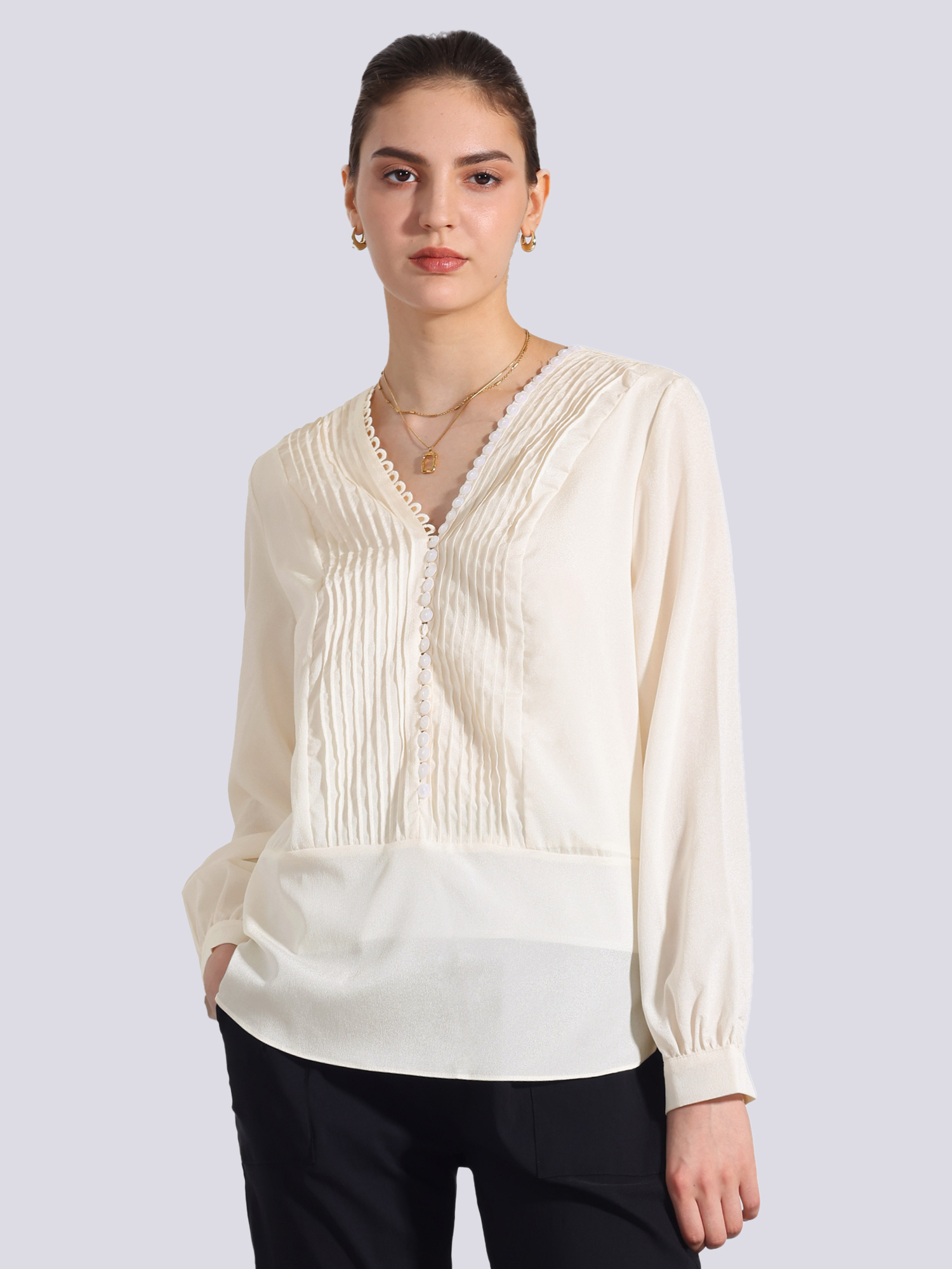V Neck Pleated Button Front Long Sleeve Work Blouse Apricot/M