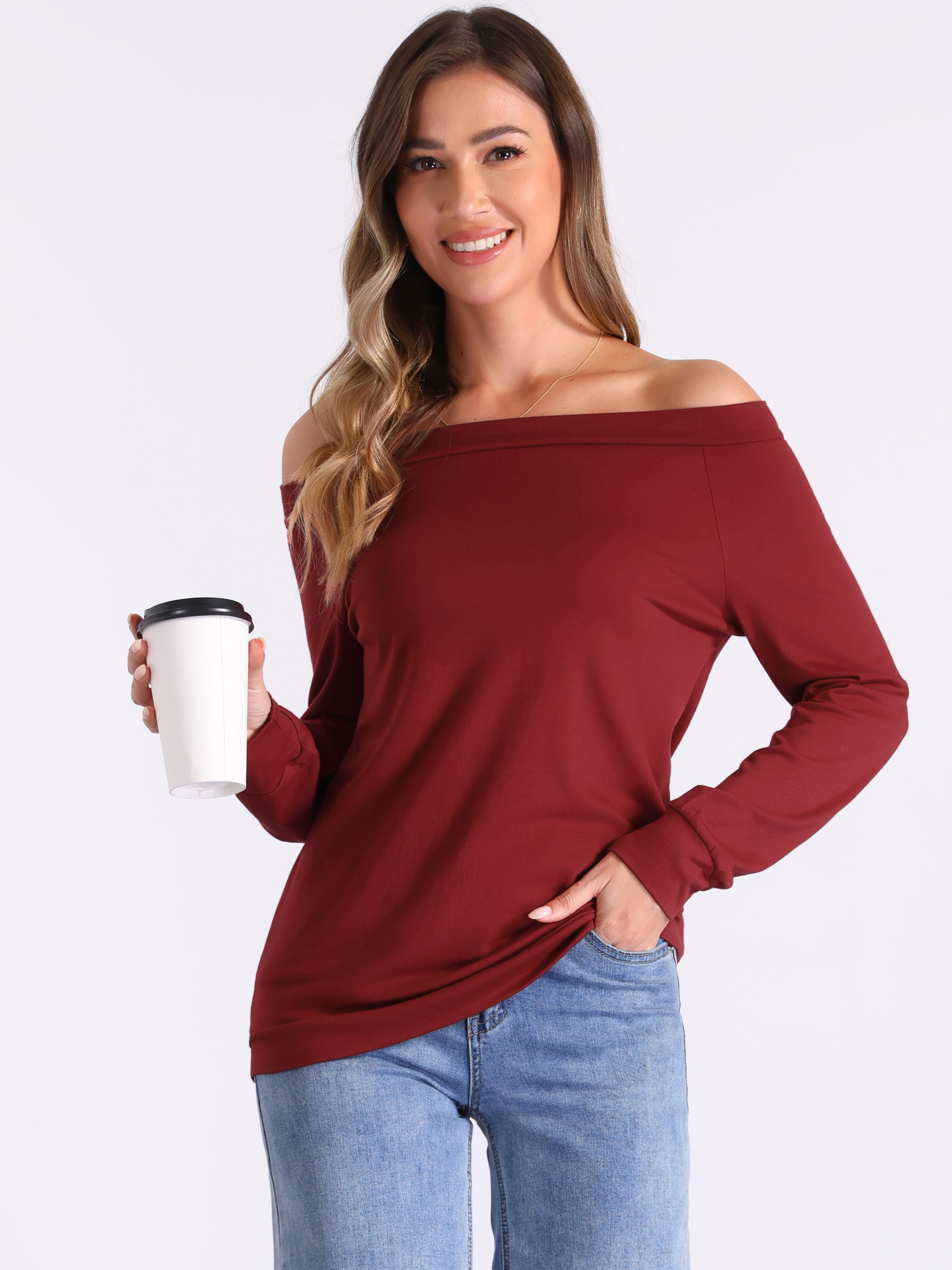 Off Shoulder Stretch Long Sleeve Solid Color Casual Blouse Dark Red/S