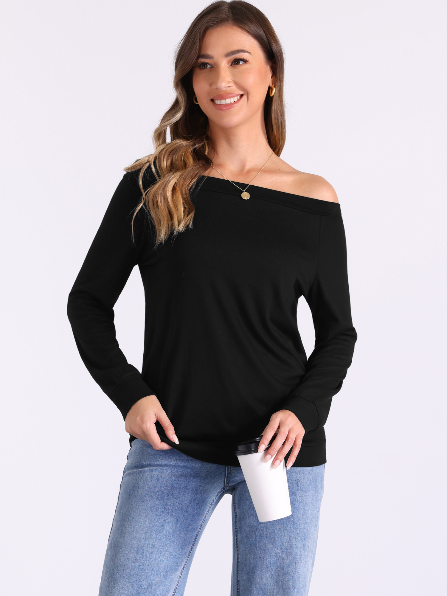 Off Shoulder Stretch Long Sleeve Solid Color Casual Blouse Black/XL