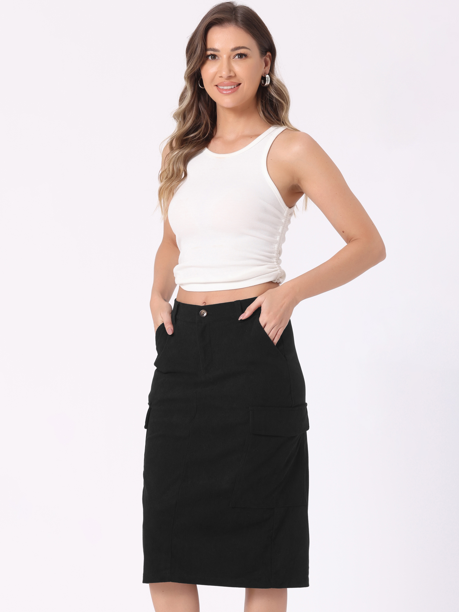 High Waisted Elastic Back Corduroy Midi Cargo Skirt Black/XL