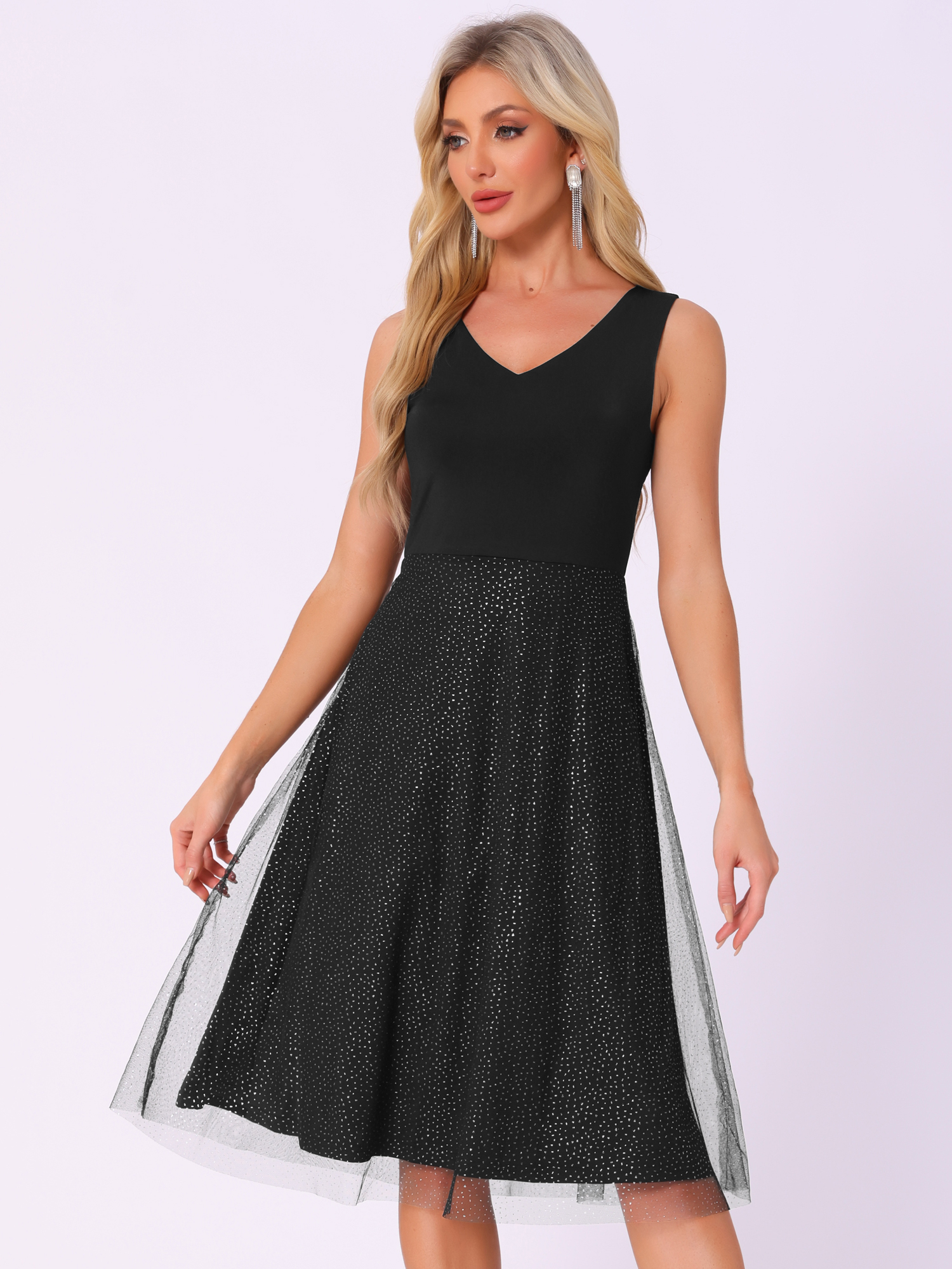 V Neck Sleeveless Glitter Midi A-Line Dress Black/M