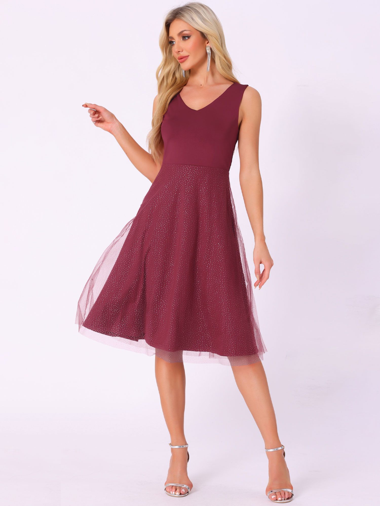 V Neck Sleeveless Glitter Midi A-Line Dress Wine Red/XS