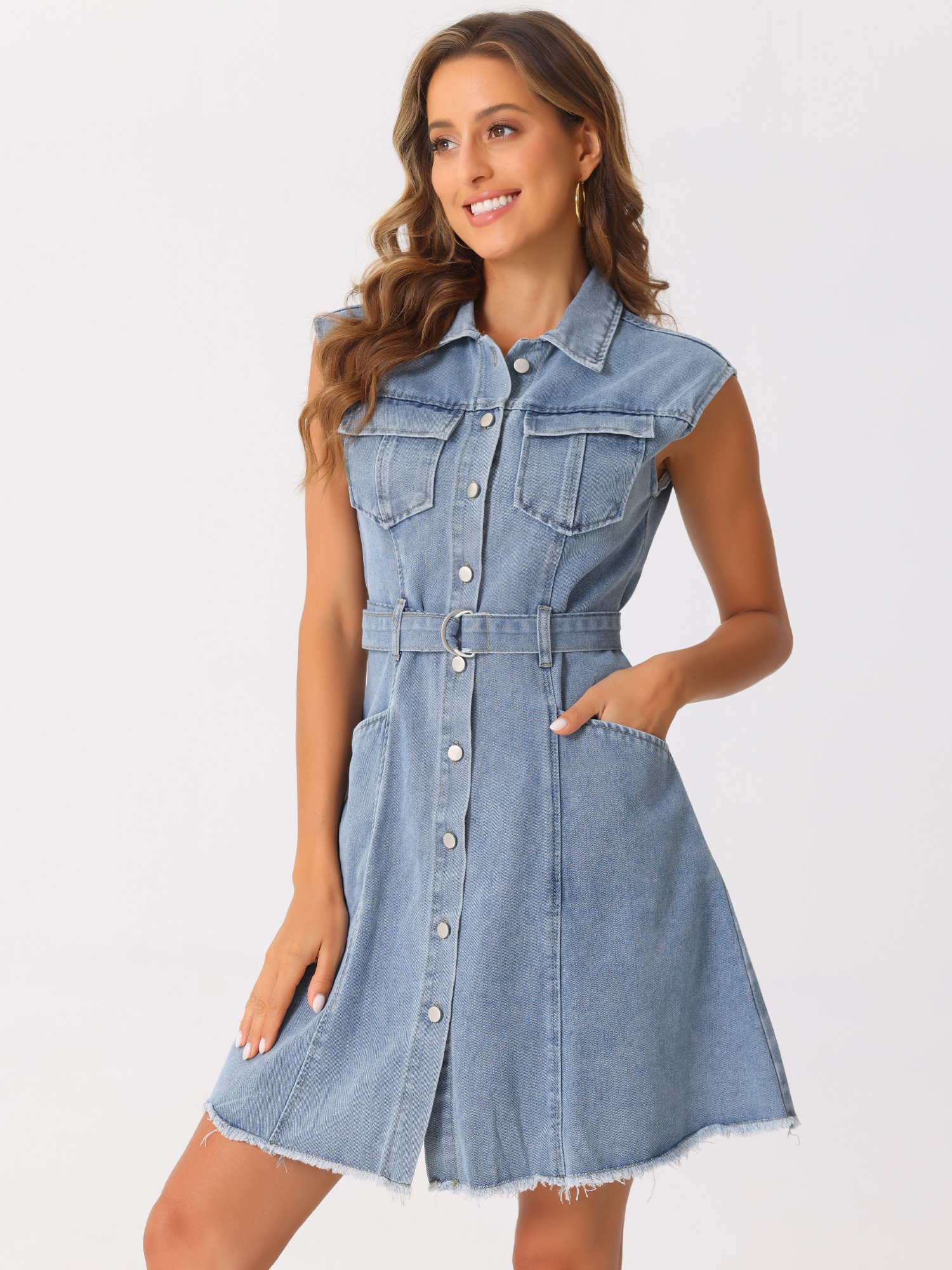 Denim Button Down Lapel Belted A-Line Pockets Mini Shirt Dress Grey Blue/M