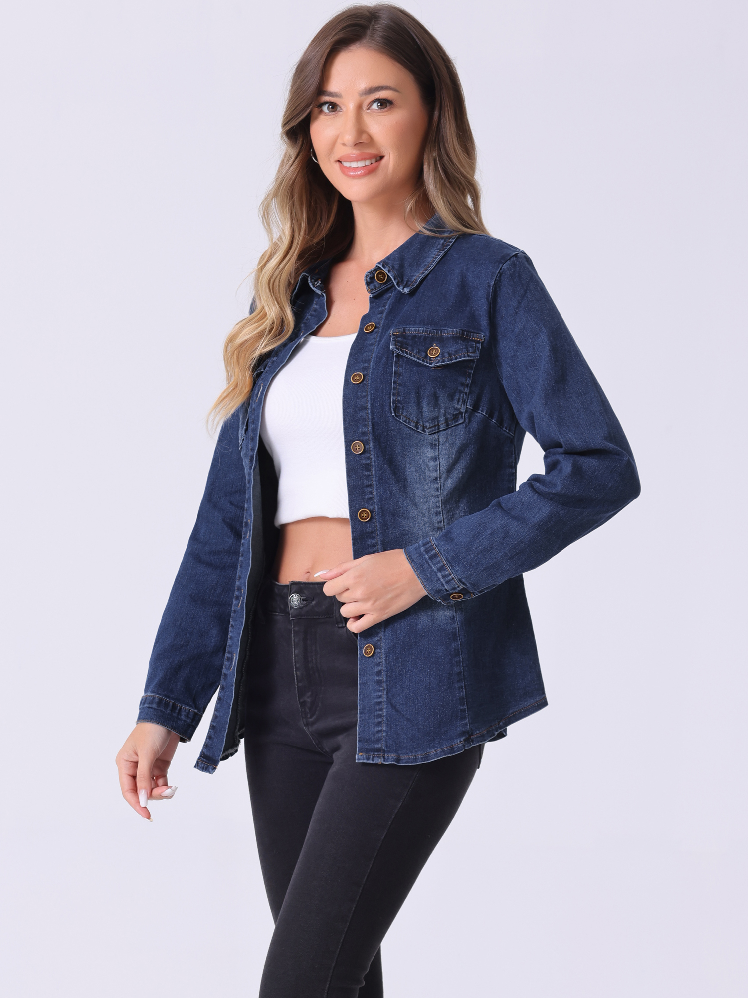 Denim Long Sleeve Button Down Pocket Trendy Jean Shirts Dark Blue/XL