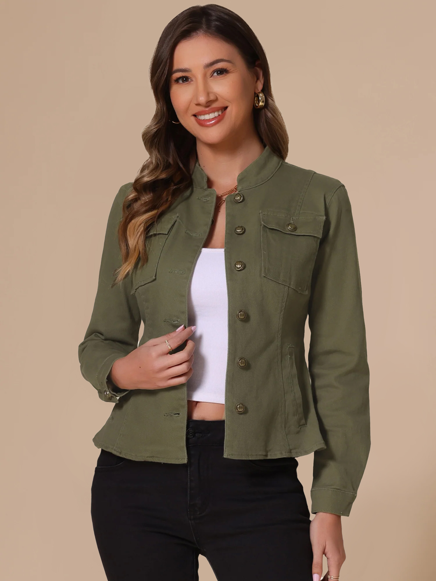 Casual Denim Classic Stand Collar Long Sleeve Jean Jacket Green/L