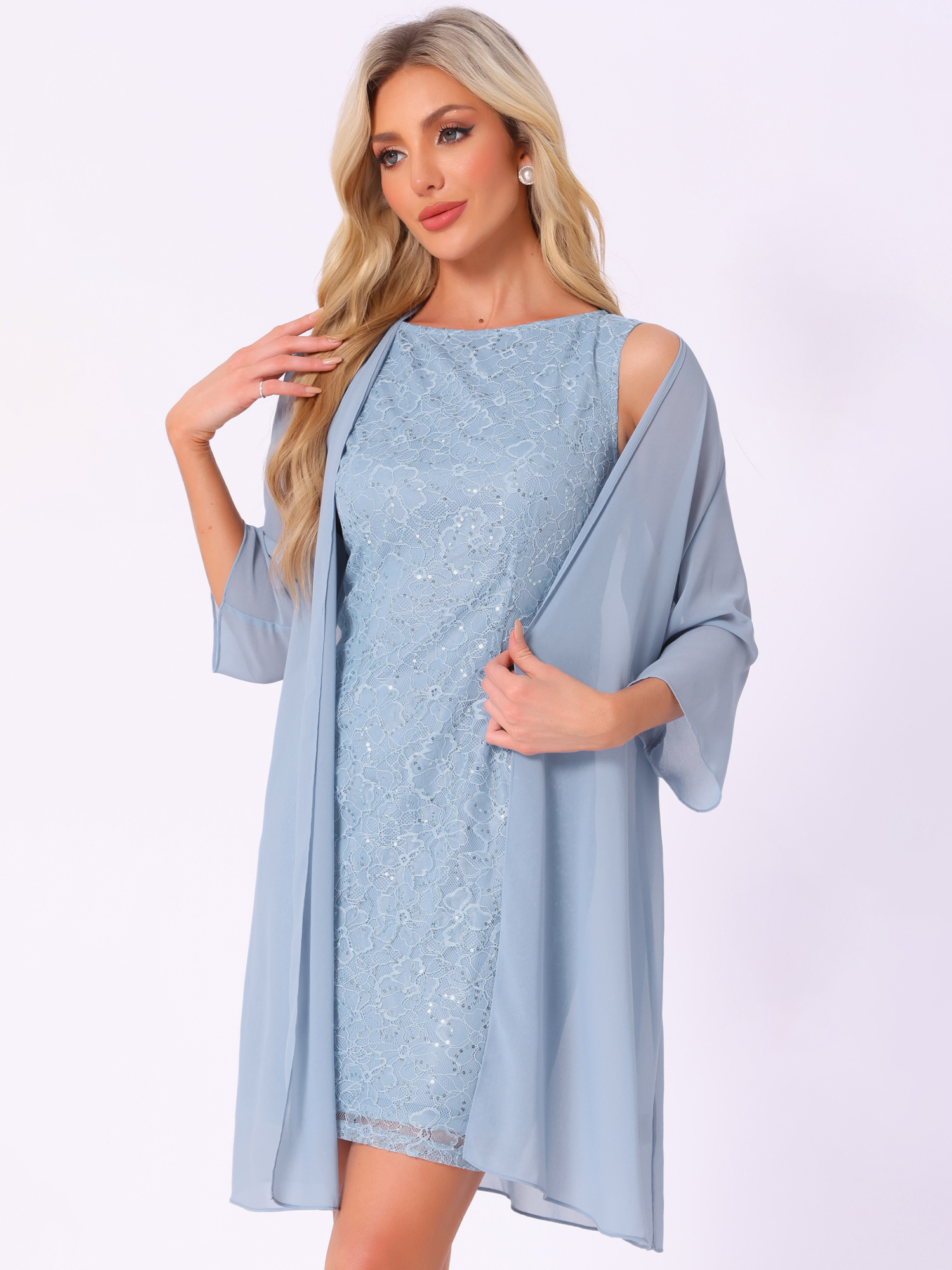 2 Pieces Sleeveless Sequin Lace Mini Sheath Dress & 3/4 Sleeves Mesh Jacket Set Blue/L