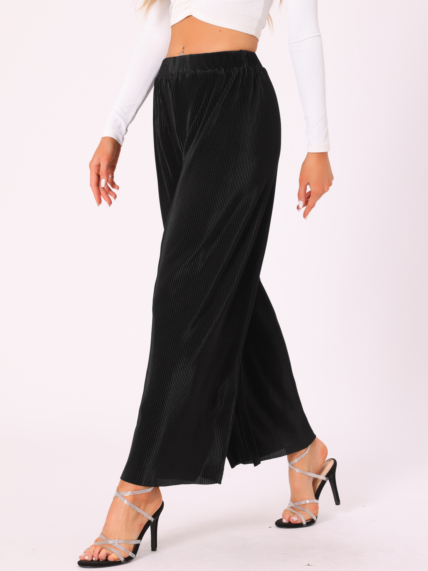 Corduroy High Elastic Waist Wide Leg Trousers Pants Black/M